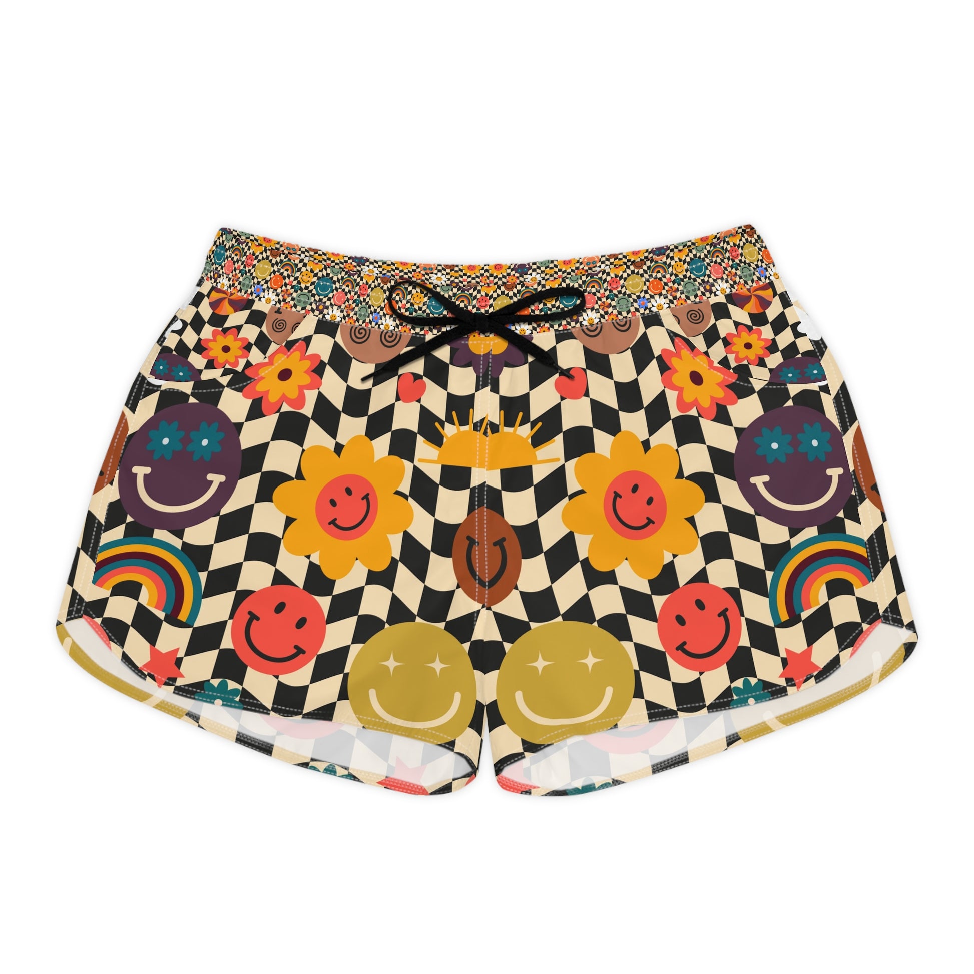 Trippy x Wavy Checkerboard x Smiley Face x Rainbow x Flowers Multi-Color Women's Casual Shorts (AOP), Artsulli - Art is Long, Life is Short, All Over Prints, Size, S, Color, Black drawstring, , , 22237939152820031680
