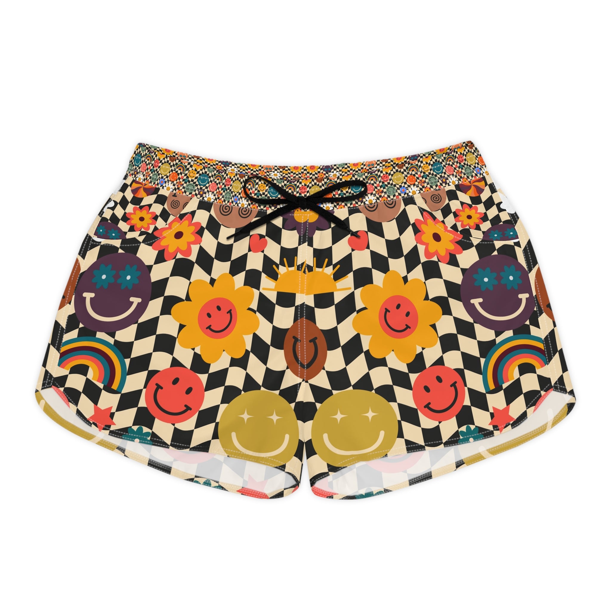 Trippy x Wavy Checkerboard x Smiley Face x Rainbow x Flowers Multi-Color Women's Casual Shorts (AOP), Artsulli - Art is Long, Life is Short, All Over Prints, Size, S, Color, Black drawstring, , , 22237939152820031680