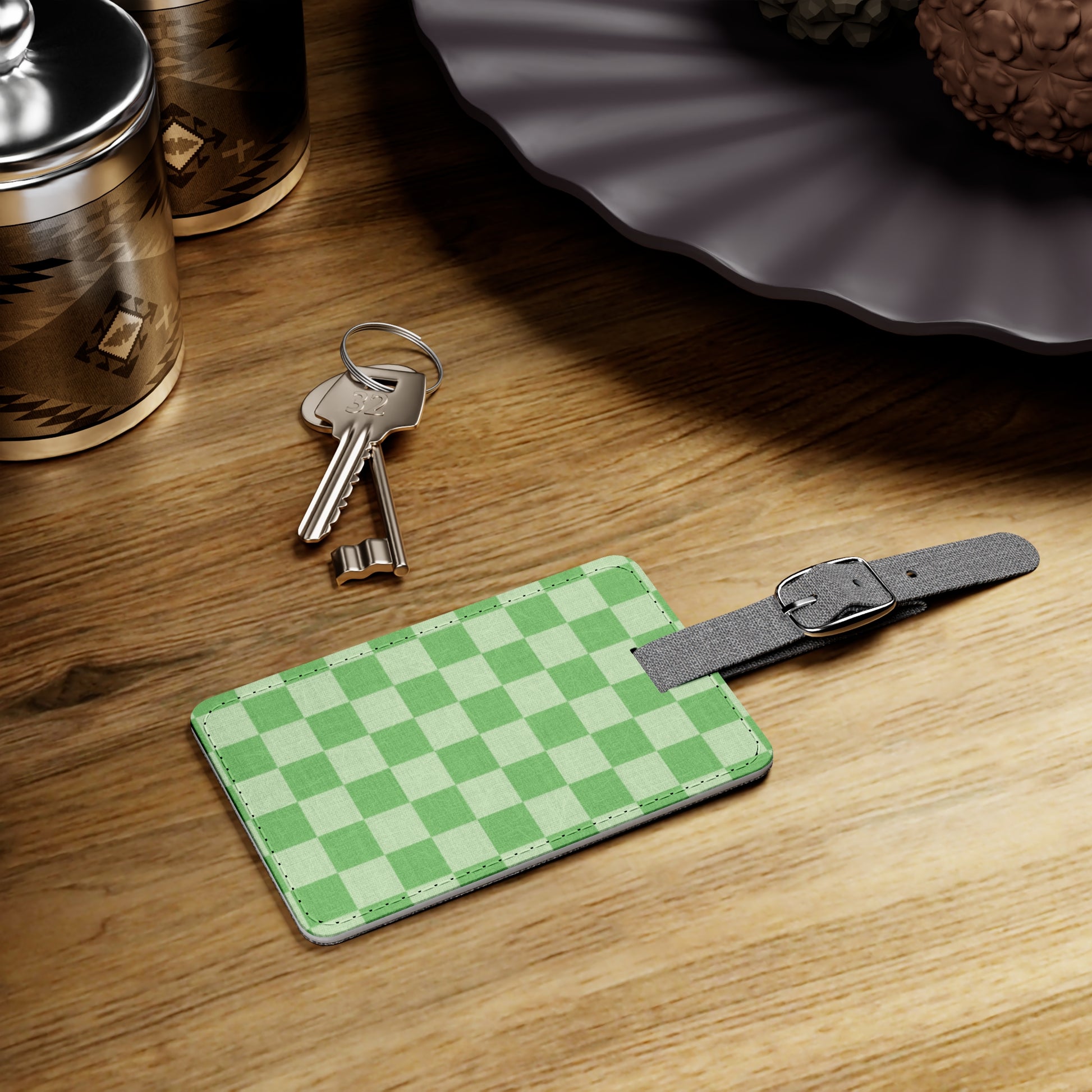 Checkerboard Green Saffiano Polyester Luggage Tag, Rectangle, Artsulli - Art is Long, Life is Short, Accessories, , , , , , , 