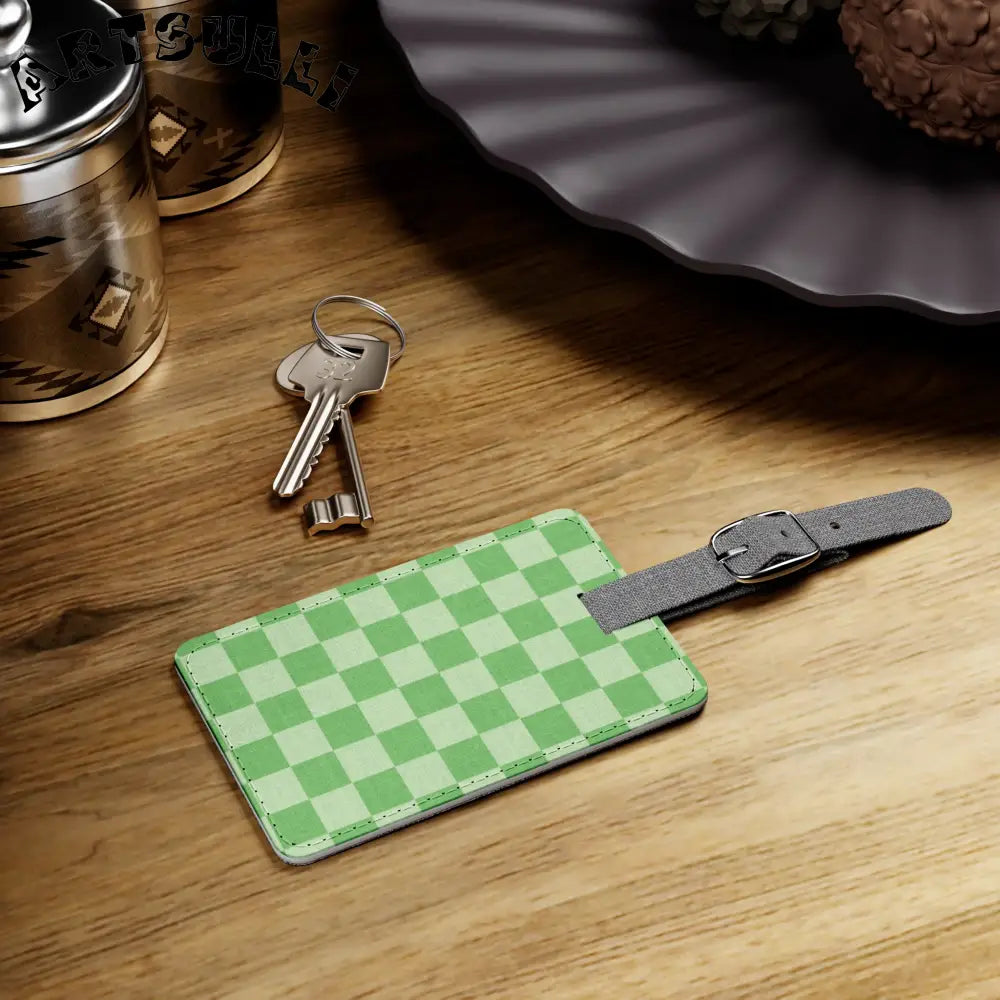 JAKKOUTTHEBXX Checkerboard Green Saffiano Polyester Luggage Tag