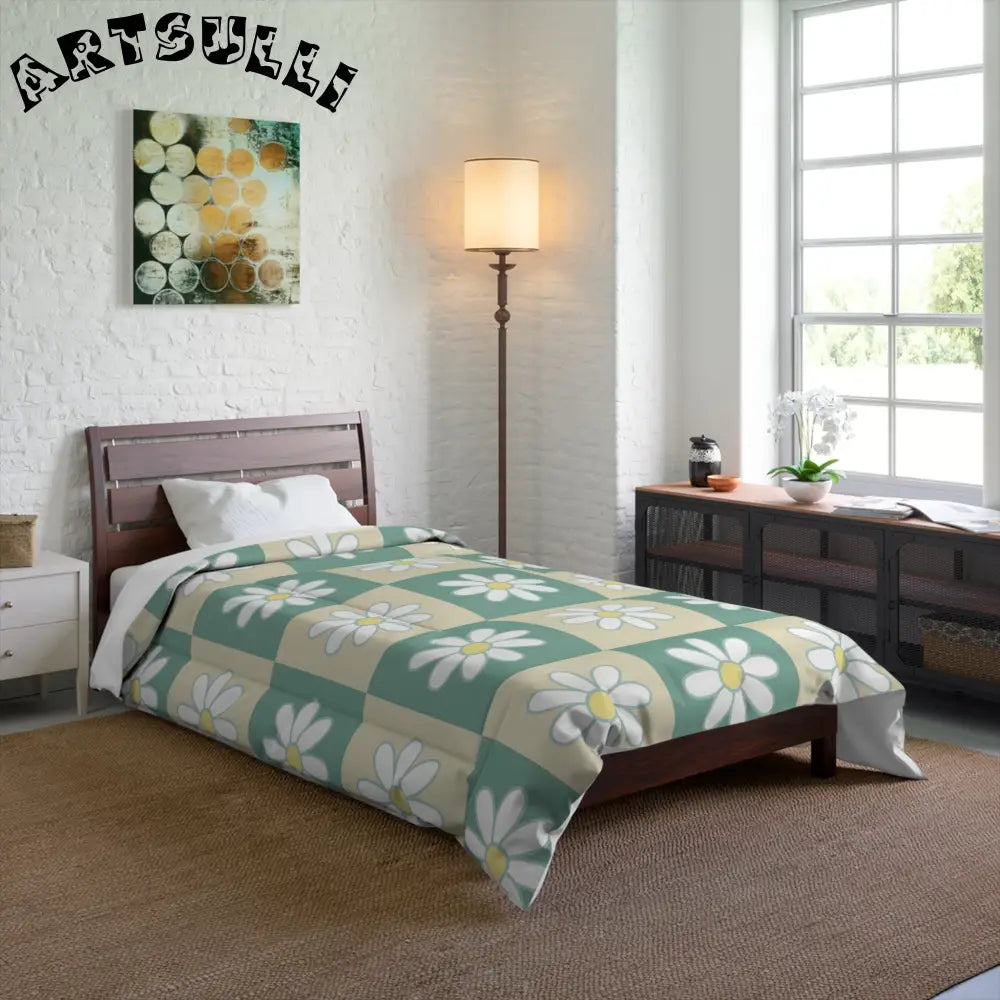 JAKKOUTTHEBXX Retro Daisy Checkerboard Green and Tan Comforter
