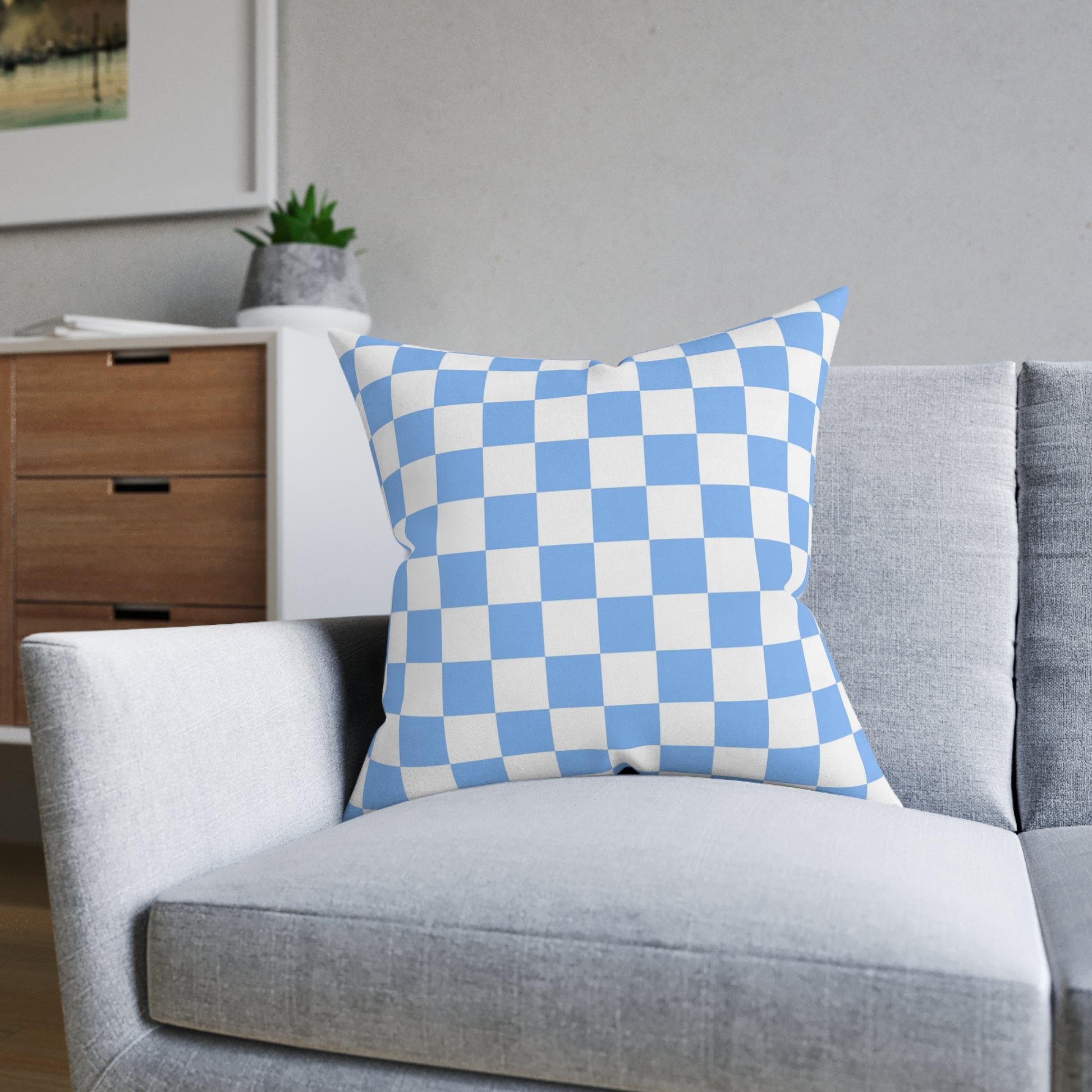 Checkerboard White and Light Blue Square Pillow - Pink Back, Artsulli - Art is Long, Life is Short, Home Decor, , , , , , , 