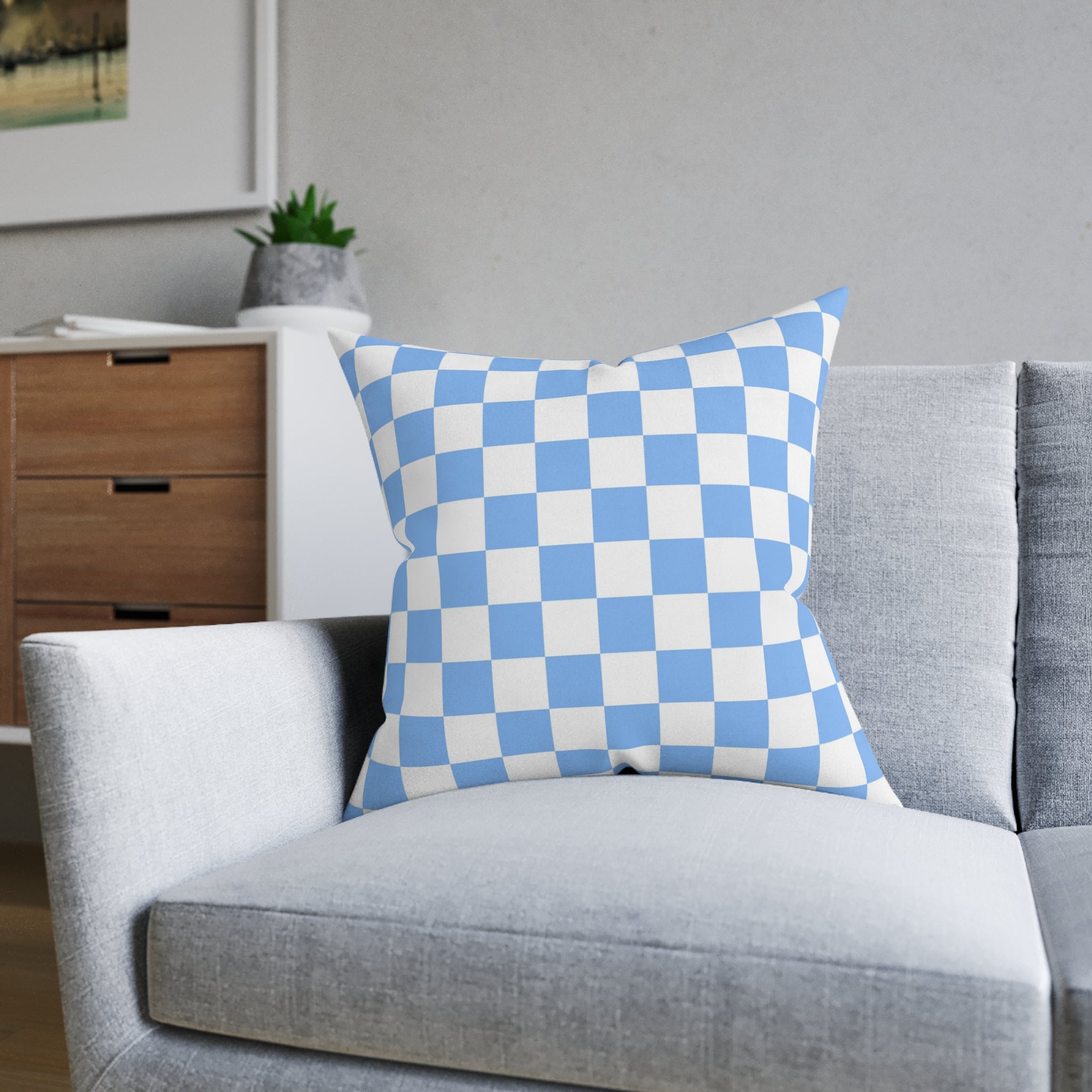 Checkerboard White and Light Blue Square Pillow - Pink Back, Artsulli - Art is Long, Life is Short, Home Decor, , , , , , , 