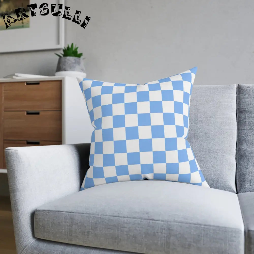 JAKKOUTTHEBXX Checkerboard White and Light Blue Square Pillow - Pink