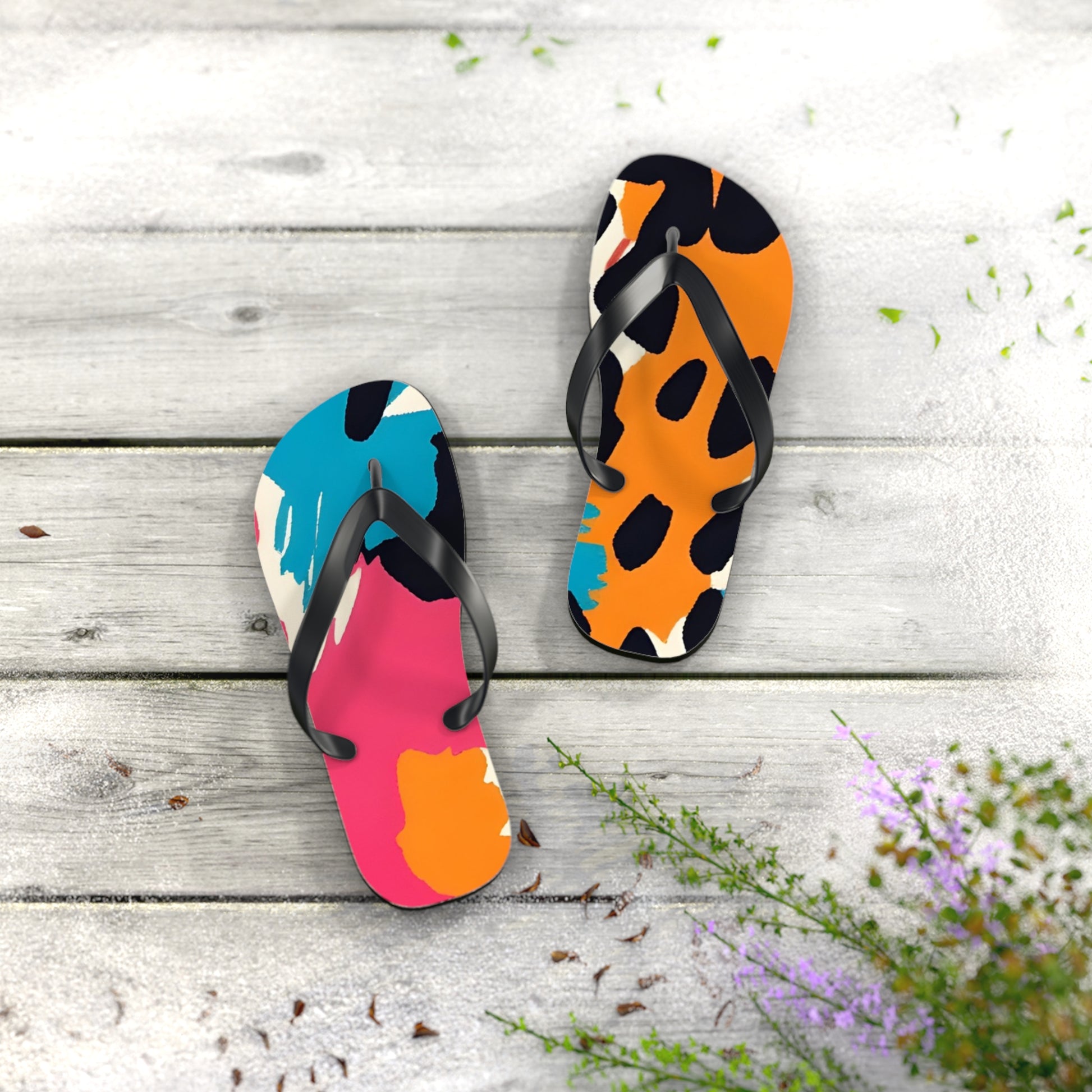 Wild Brush Strokes x Animal Print Multi-Color Flip Flops, Artsulli - Art is Long, Life is Short, Shoes, , , , , , , 