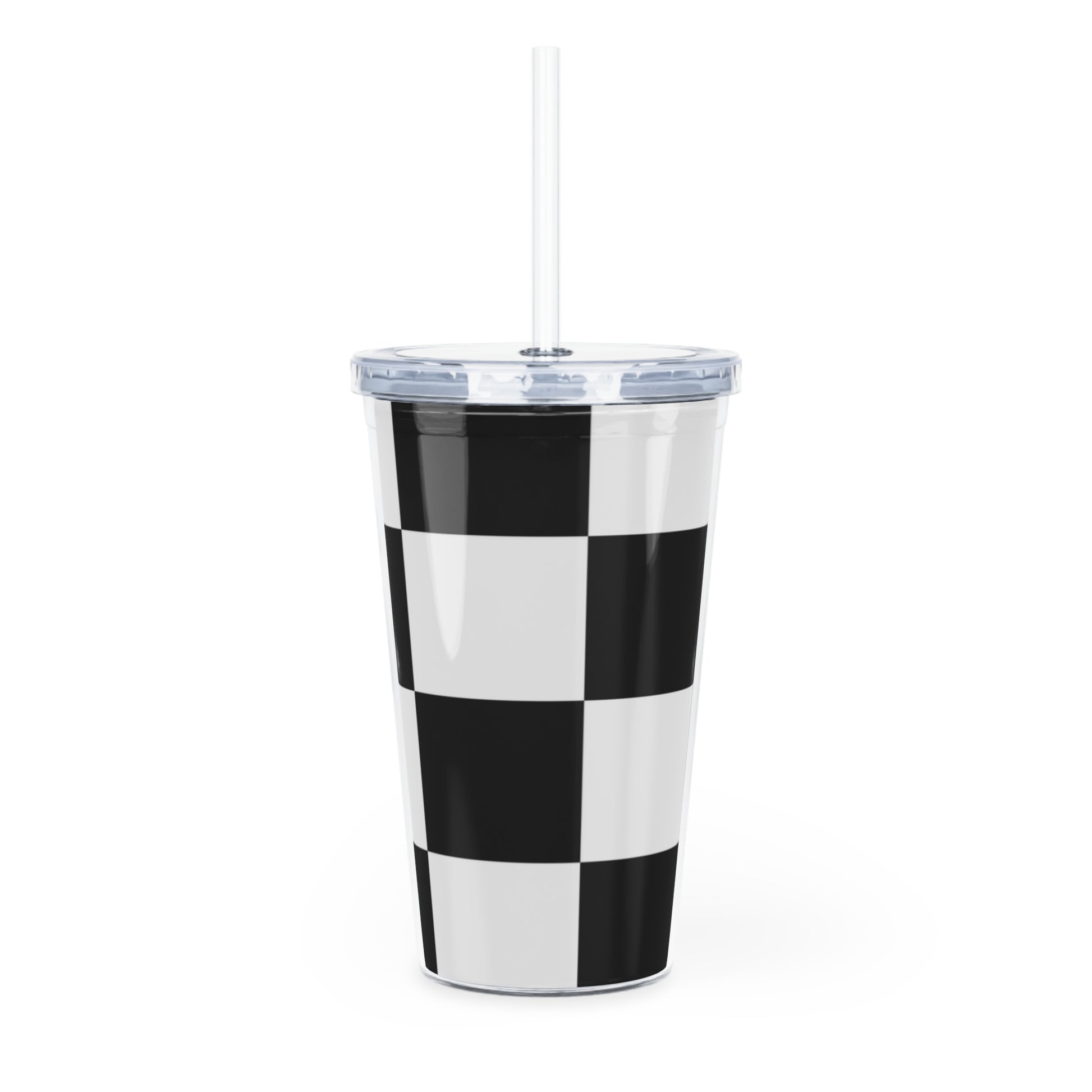 Checkerboard Black and White Plastic Tumbler with Straw, Artsulli - Art is Long, Life is Short, Mug, , , , , , , 