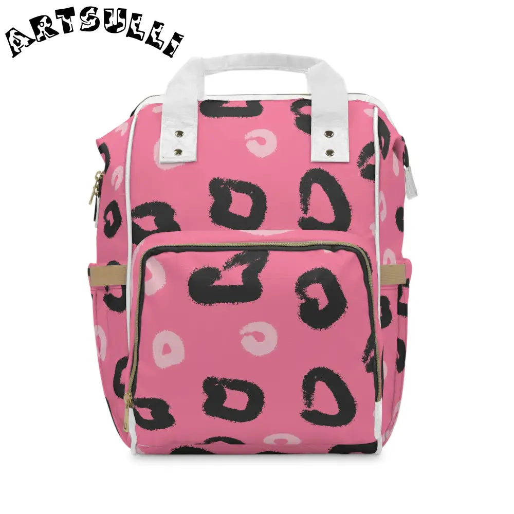 JAKKOUTTHEBXX Pink Leopard Print Diaper Backpack with White Straps and Trim 2025