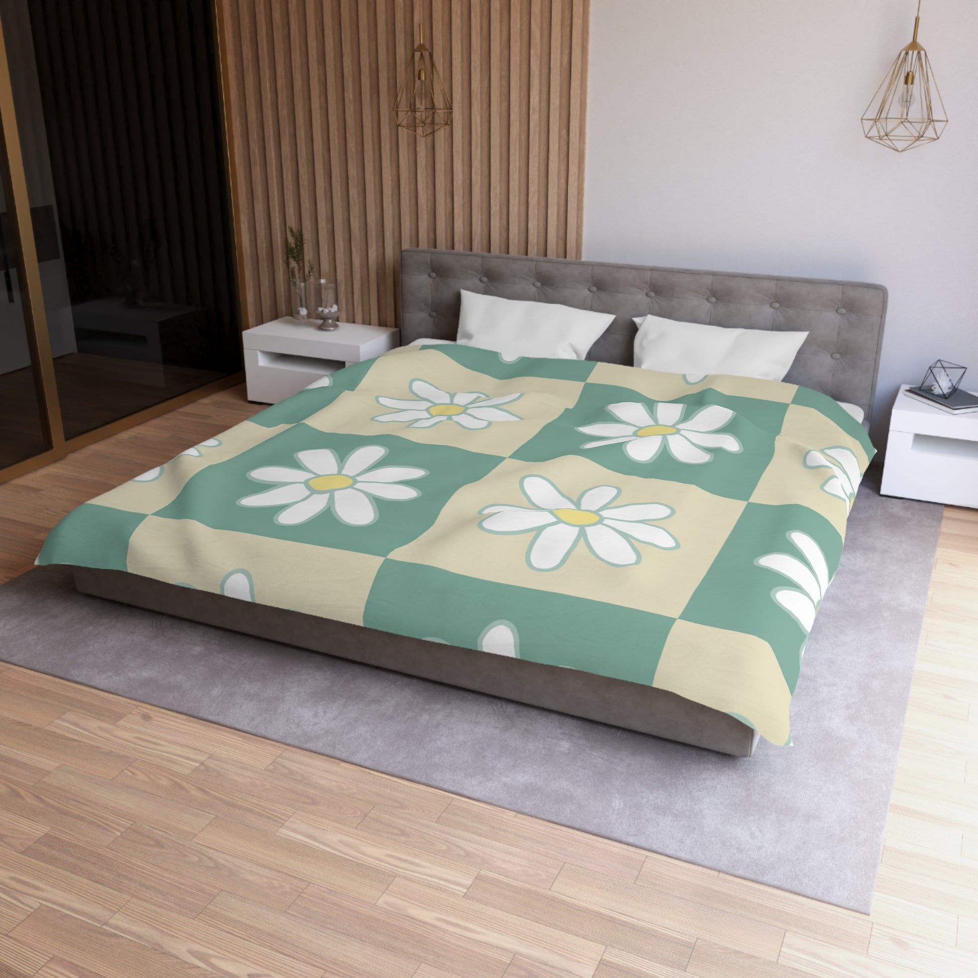 Retro Daisy Checkerboard Green and Tan Microfiber Duvet Cover, Artsulli - Art is Long, Life is Short, Home Decor, , , , , , , 