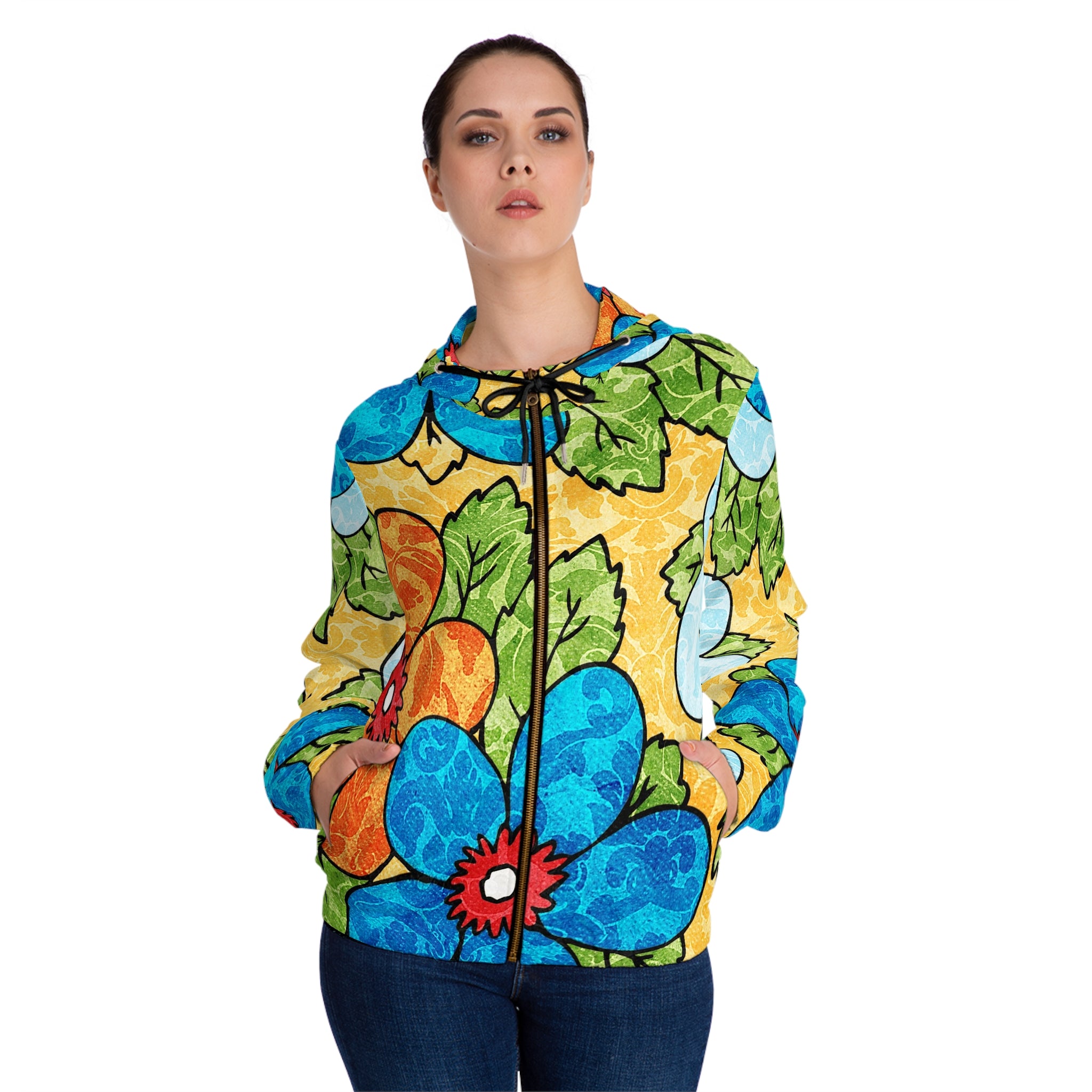 Groovy Yellow Floral Kl Women’s Full-Zip Hoodie (AOP), Artsulli - Art is Long, Life is Short, All Over Prints, , , , , , , 