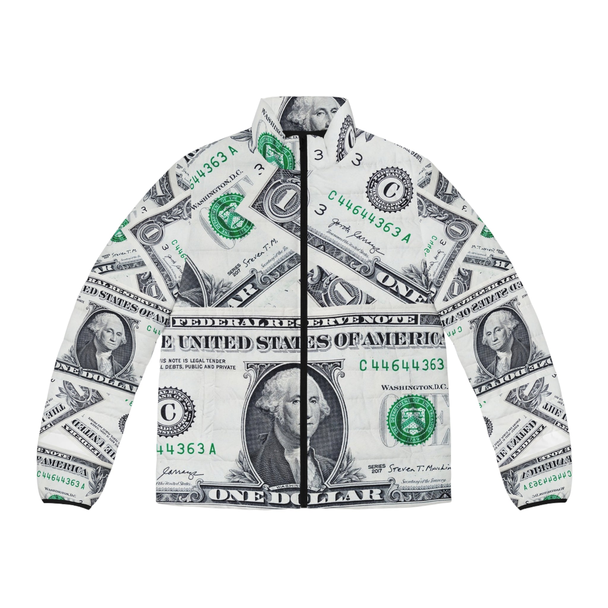 Money Collage Men's Puffer Jacket (AOP), Artsulli - Art is Long, Life is Short, All Over Prints, Size, S, Color, Black zipper, , , 18708610018282862162