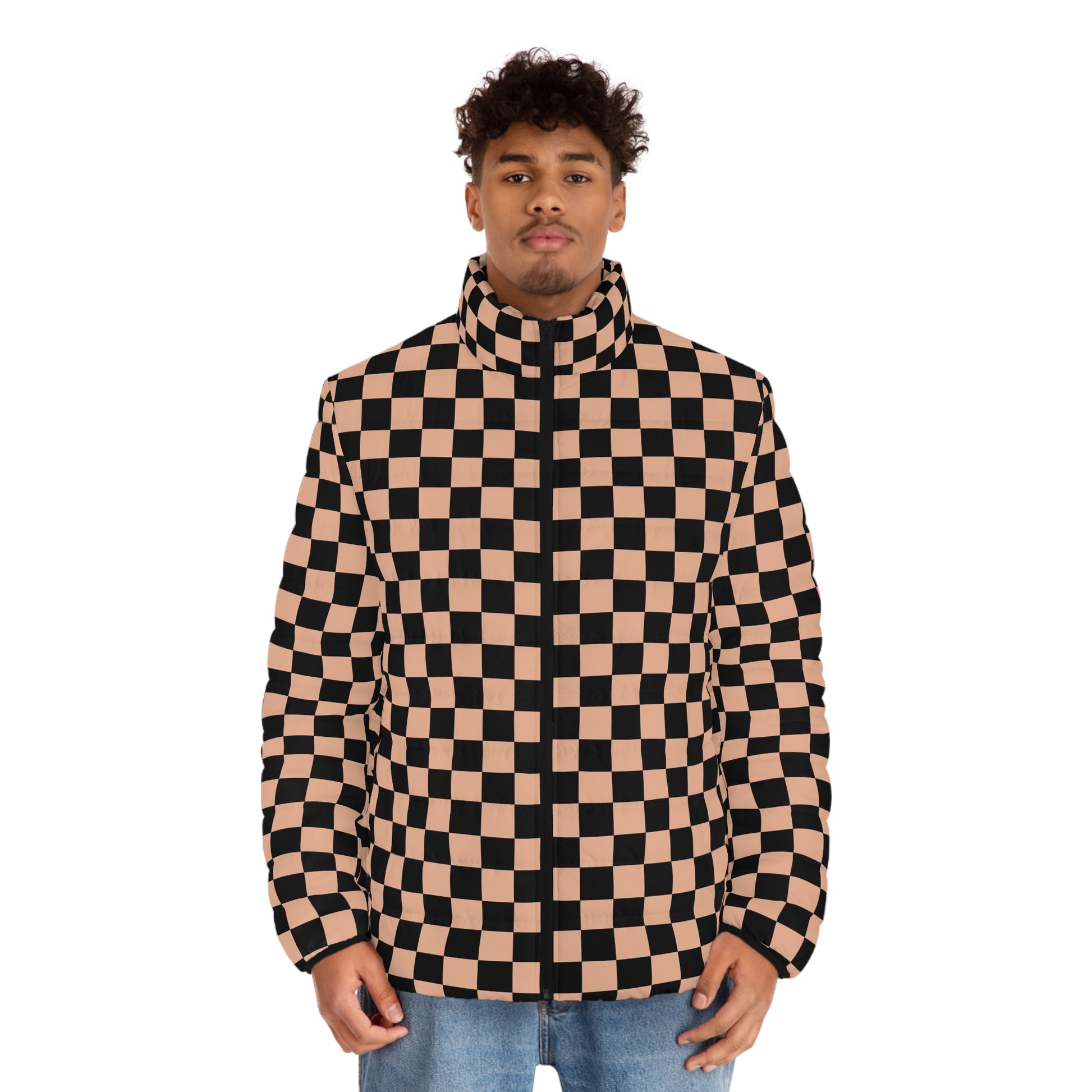 Checkerboard Soft Orange and Black Men's Puffer Jacket (AOP), Artsulli - Art is Long, Life is Short, All Over Prints, , , , , , , 
