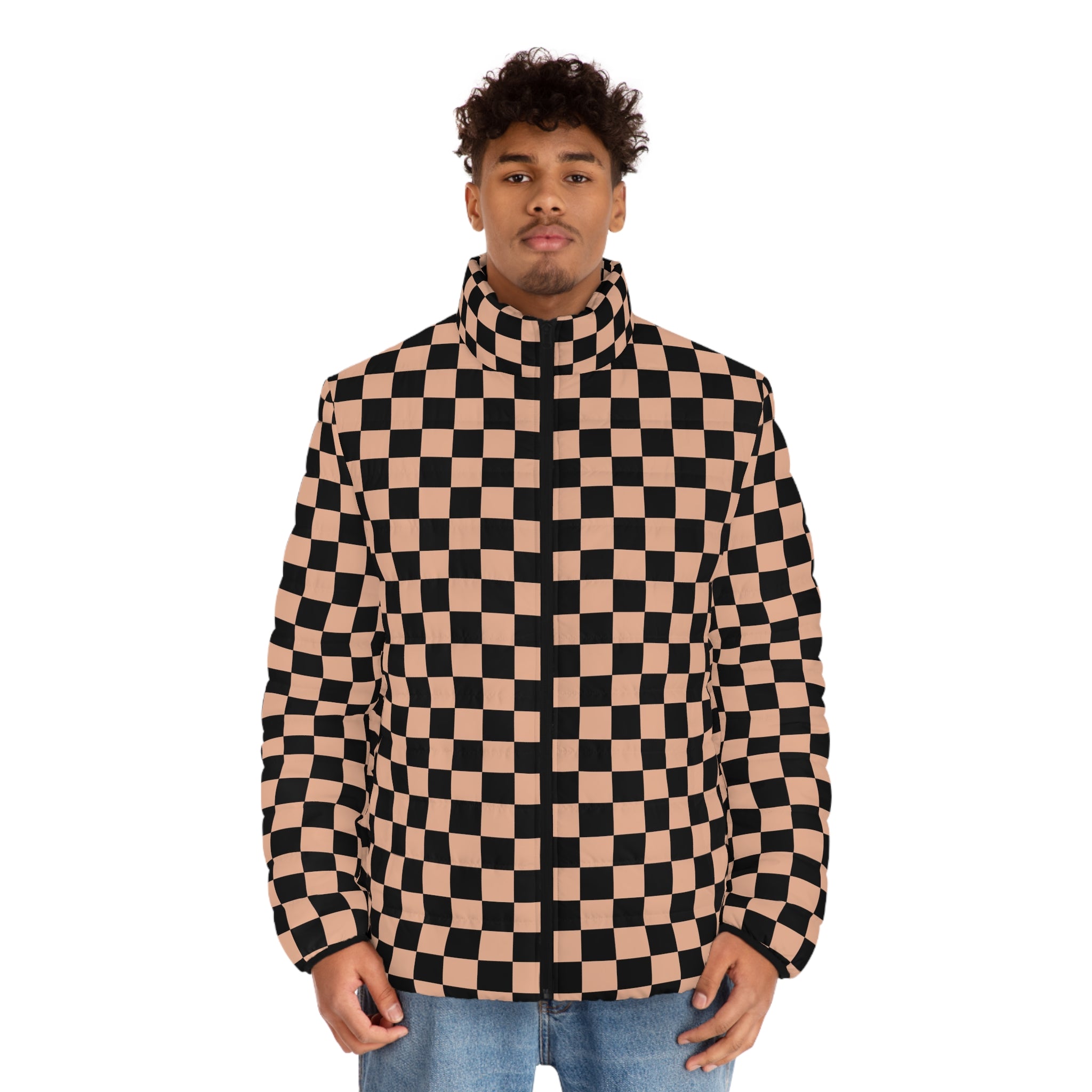 Checkerboard Soft Orange and Black Men's Puffer Jacket (AOP), Artsulli - Art is Long, Life is Short, All Over Prints, , , , , , , 