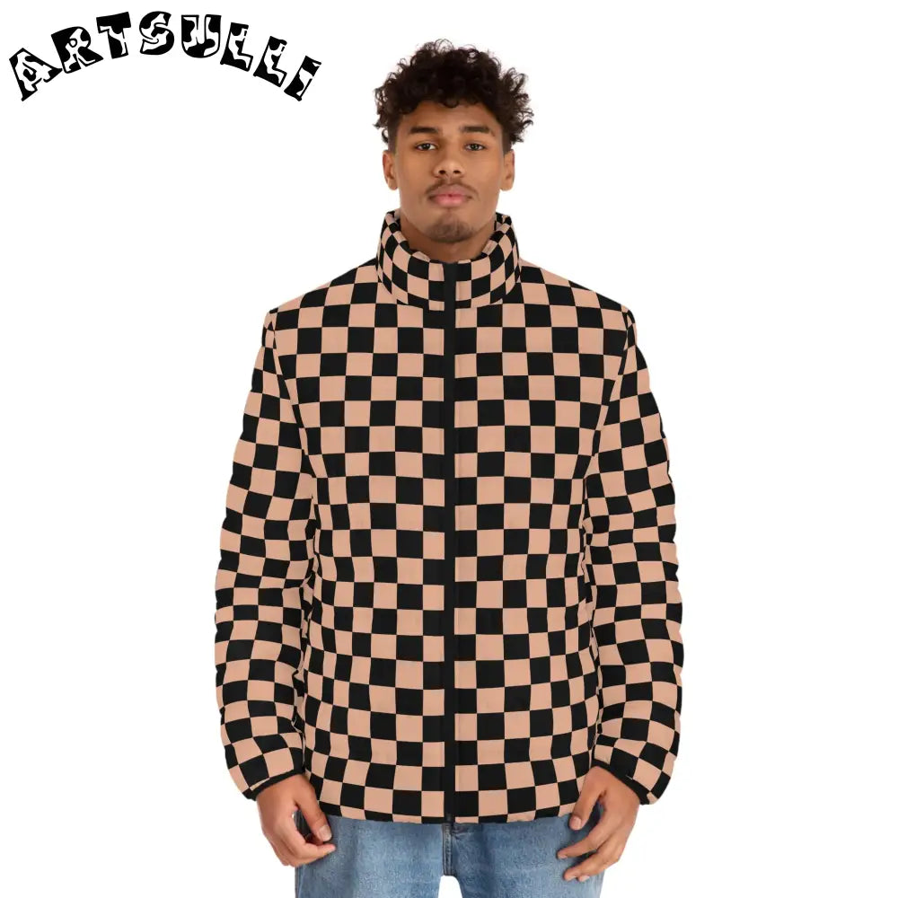 JAKKOUTTHEBXX Checkerboard Soft Orange and Black Men’s Puffer Jacket