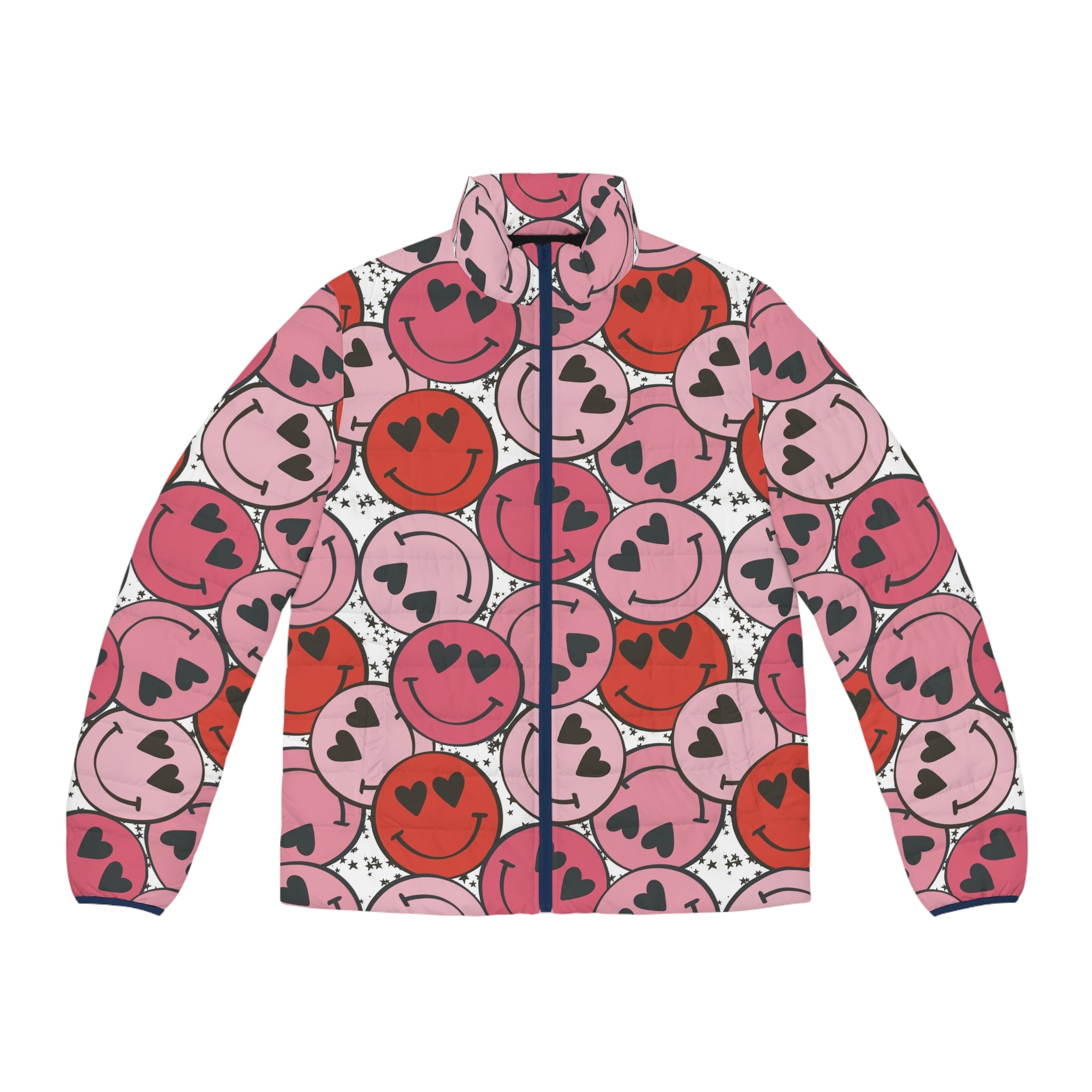 Smiley Face x Heart Eyes Pink and Red Men's Puffer Jacket (AOP), Artsulli - Art is Long, Life is Short, All Over Prints, Size, S, Color, Dark blue zipper, , , 23084141711459817059