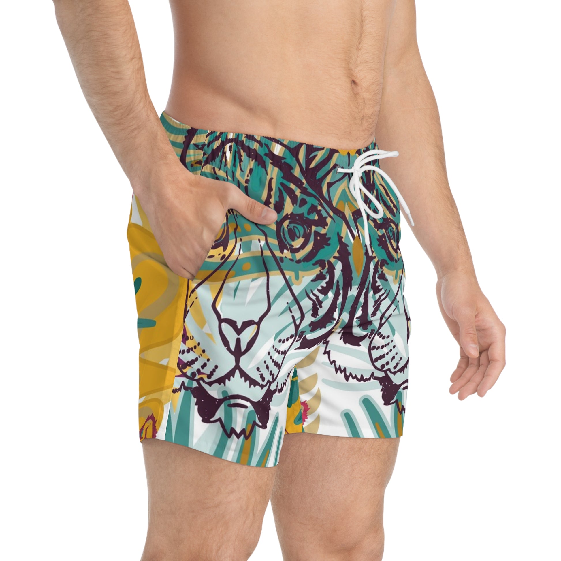 Tropical Jungle Tigers Green and Brown Swim Trunks (AOP), Artsulli - Art is Long, Life is Short, All Over Prints, , , , , , , 
