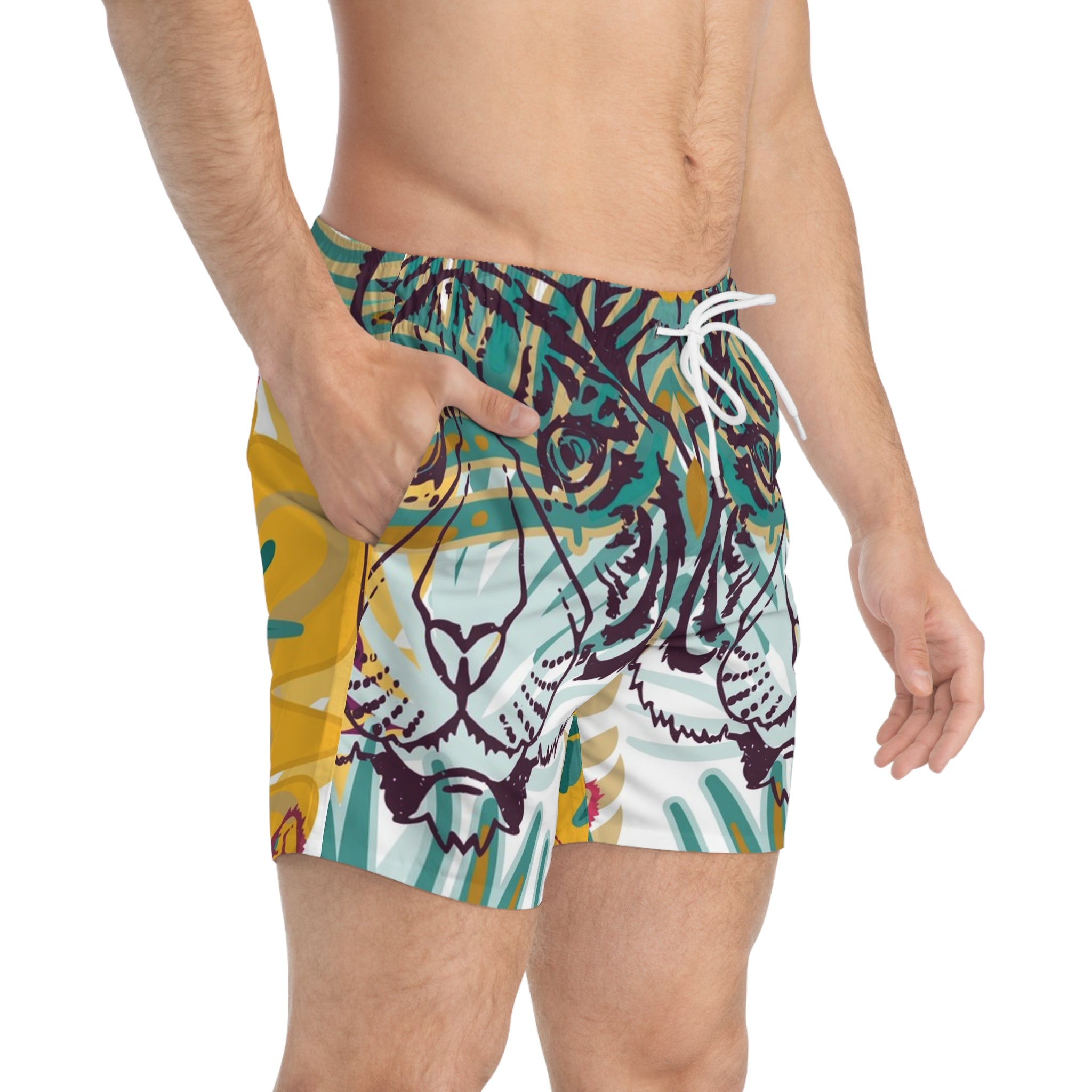 Tropical Jungle Tigers Green and Brown Swim Trunks (AOP), Artsulli - Art is Long, Life is Short, All Over Prints, , , , , , , 