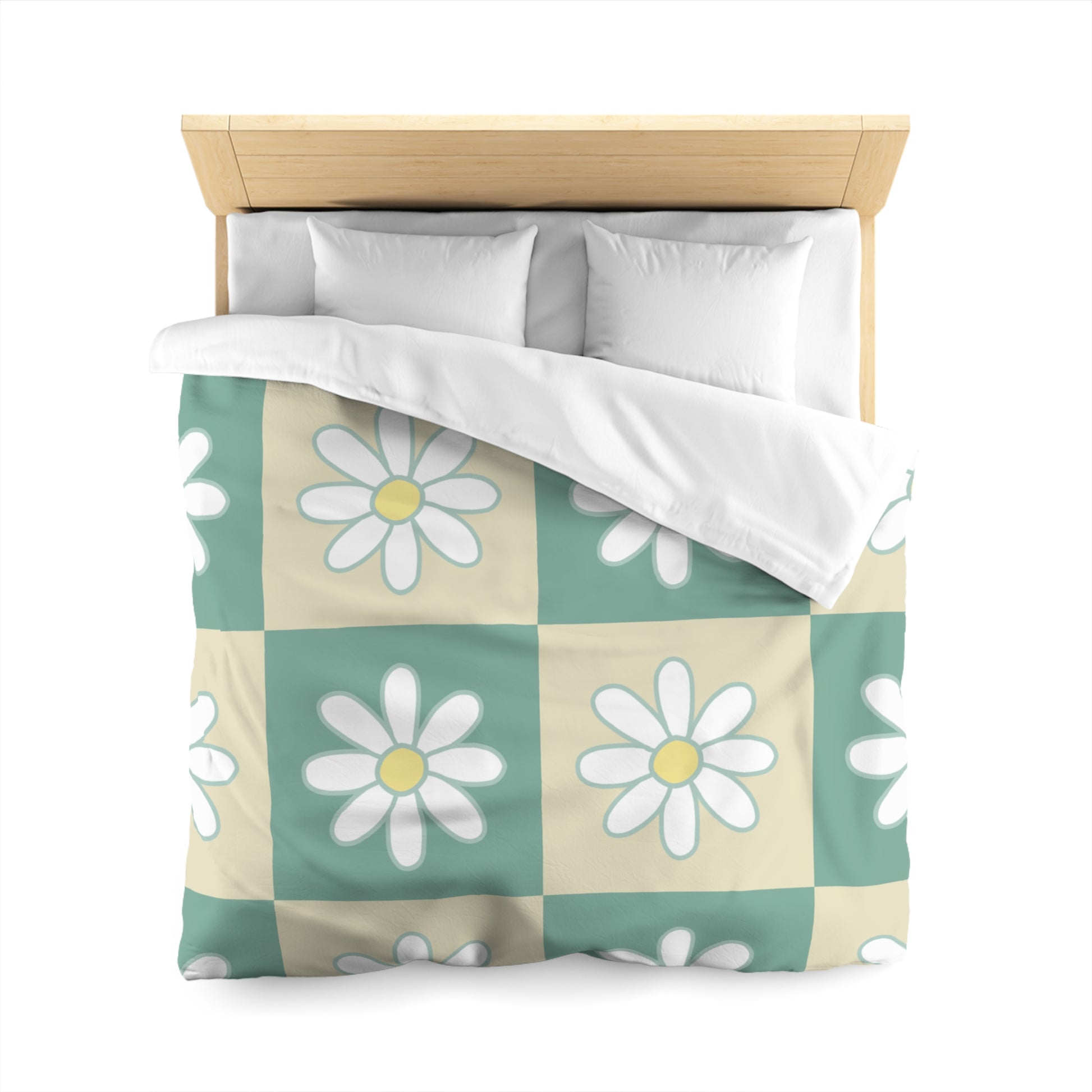 Retro Daisy Checkerboard Green and Tan Microfiber Duvet Cover, Artsulli - Art is Long, Life is Short, Home Decor, , , , , , , 