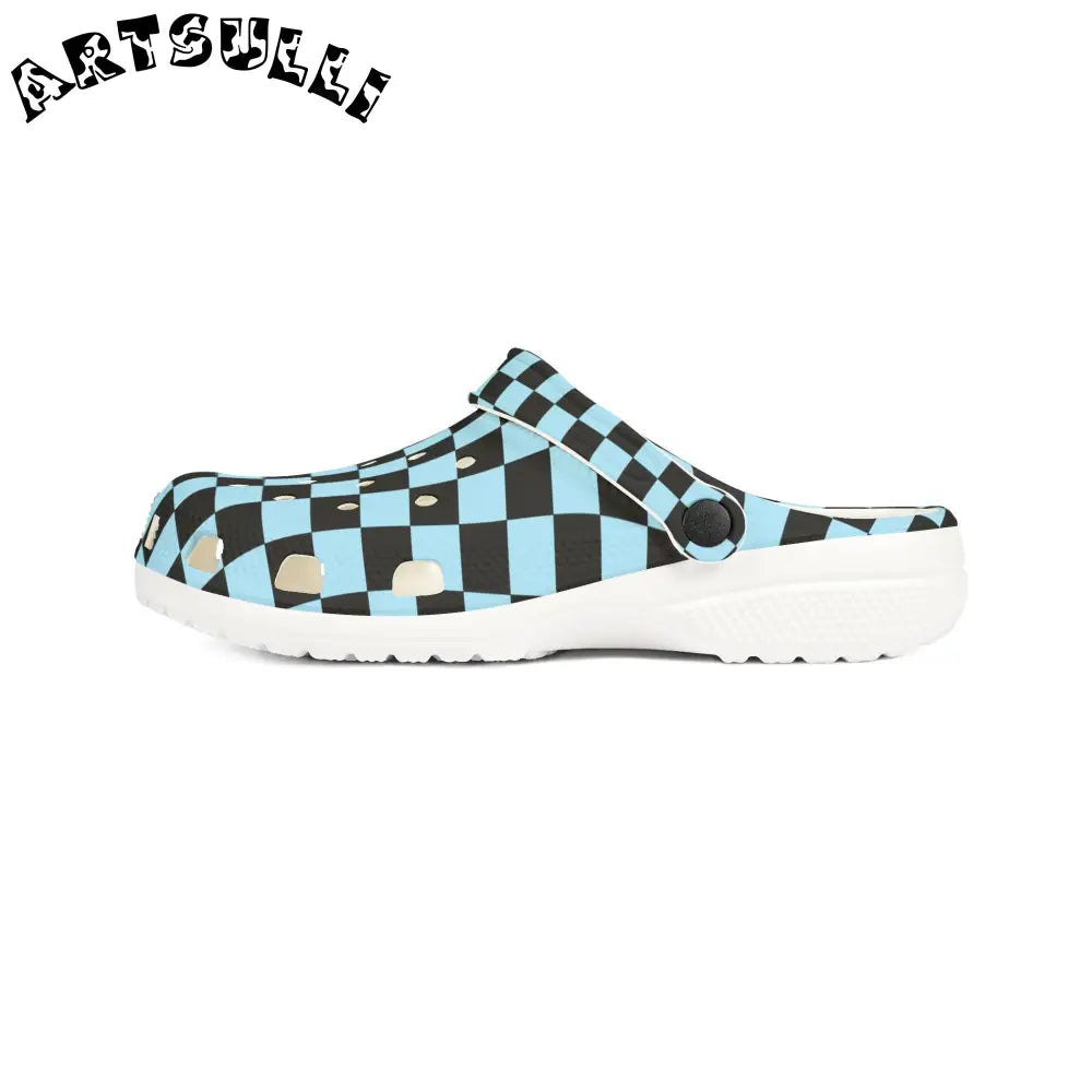 JAKKOUTTHEBXX Checkerboard Black and Blue EVA Foam Rubber Shoes