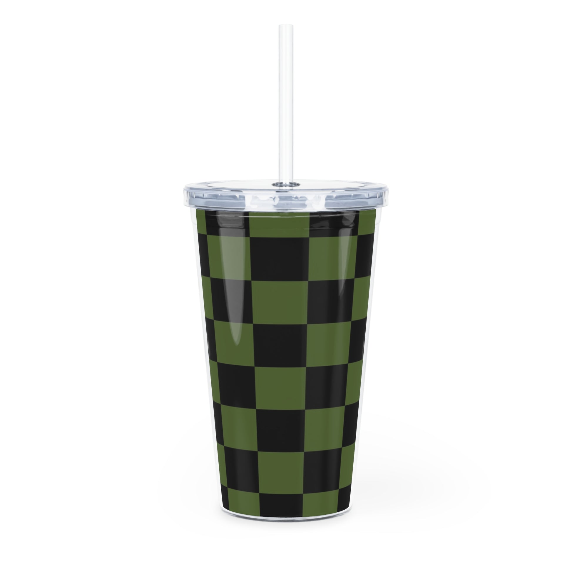 Checkerboard Olive Green and Black Plastic Tumbler with Straw, Artsulli - Art is Long, Life is Short, Mug, , , , , , , 