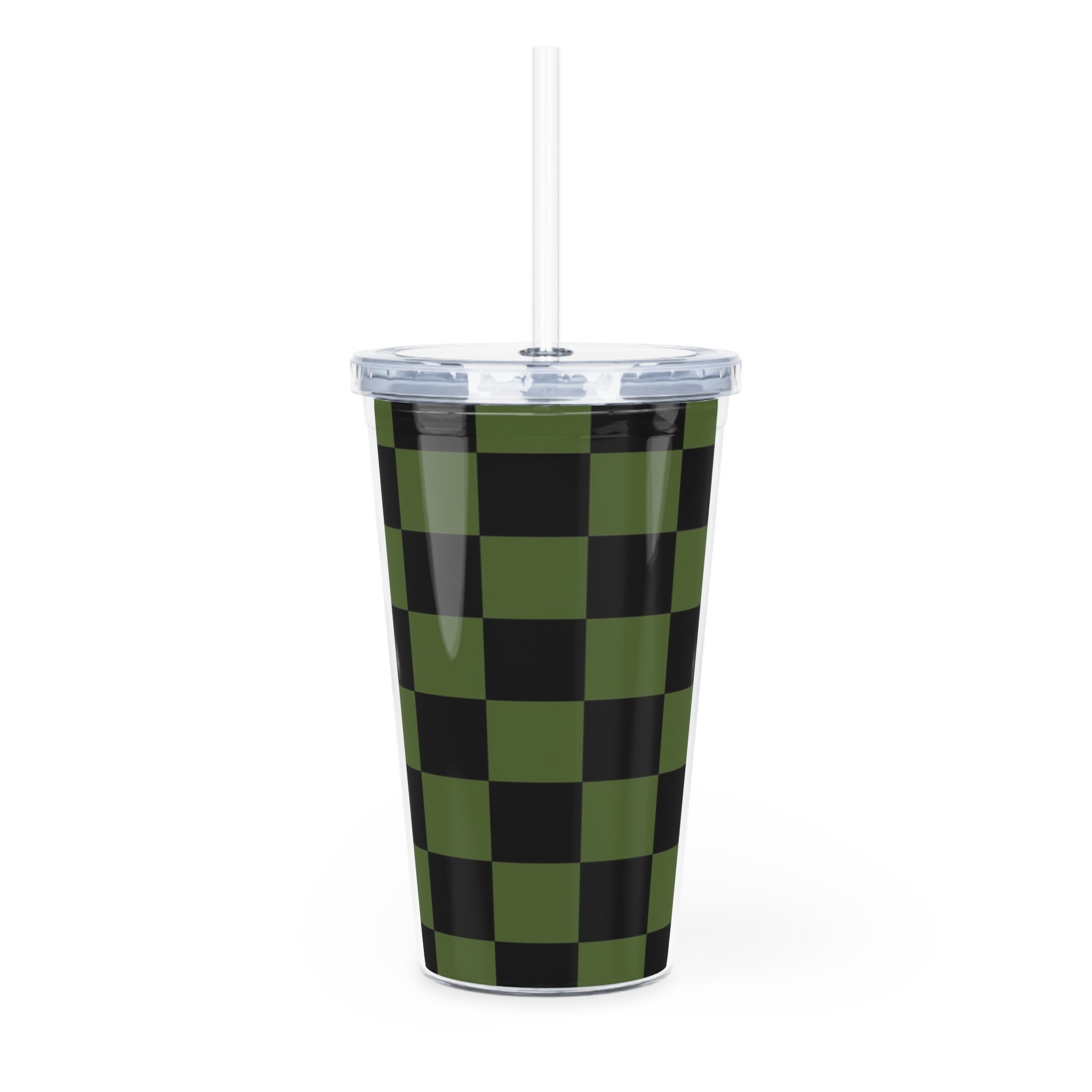 Checkerboard Olive Green and Black Plastic Tumbler with Straw, Artsulli - Art is Long, Life is Short, Mug, , , , , , , 