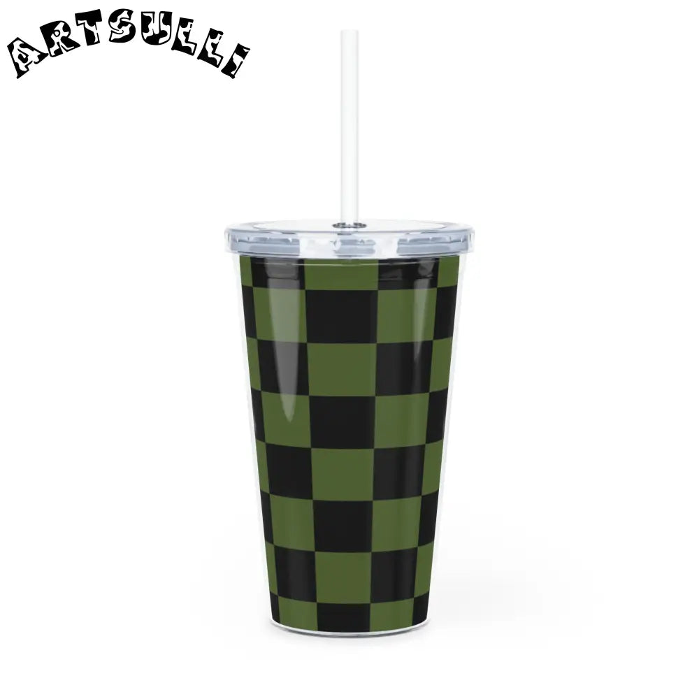 JAKKOUTTHEBXX Checkerboard Olive Green and Black Plastic Tumbler