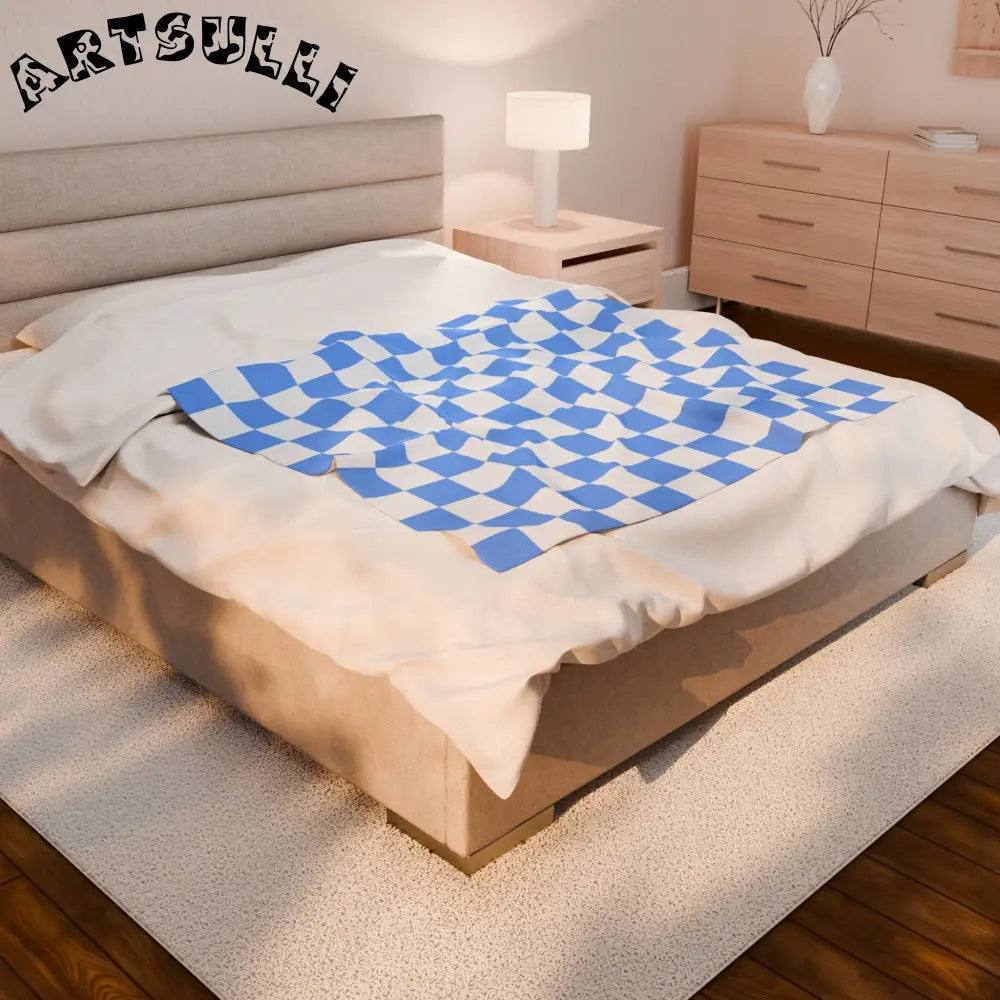 JAKKOUTTHEBXX Checkerboard White and Light Blue Velveteen Plush