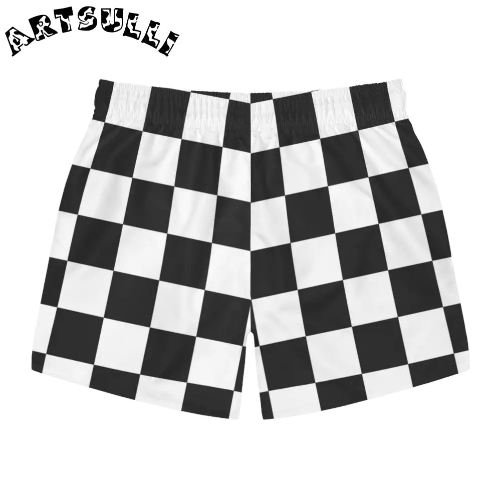 JAKKOUTTHEBXX Checkerboard White and Black Swim Trunks (AOP)