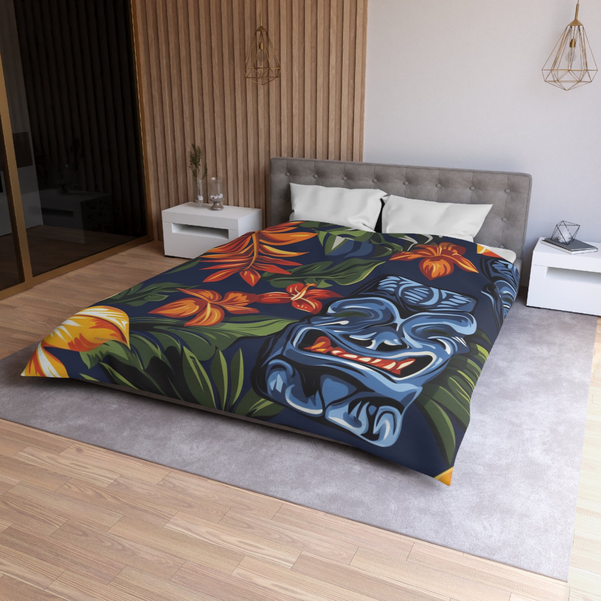 Tiki Bloom Navy Microfiber Duvet Cover, Artsulli - Art is Long, Life is Short, Home Decor, , , , , , , 