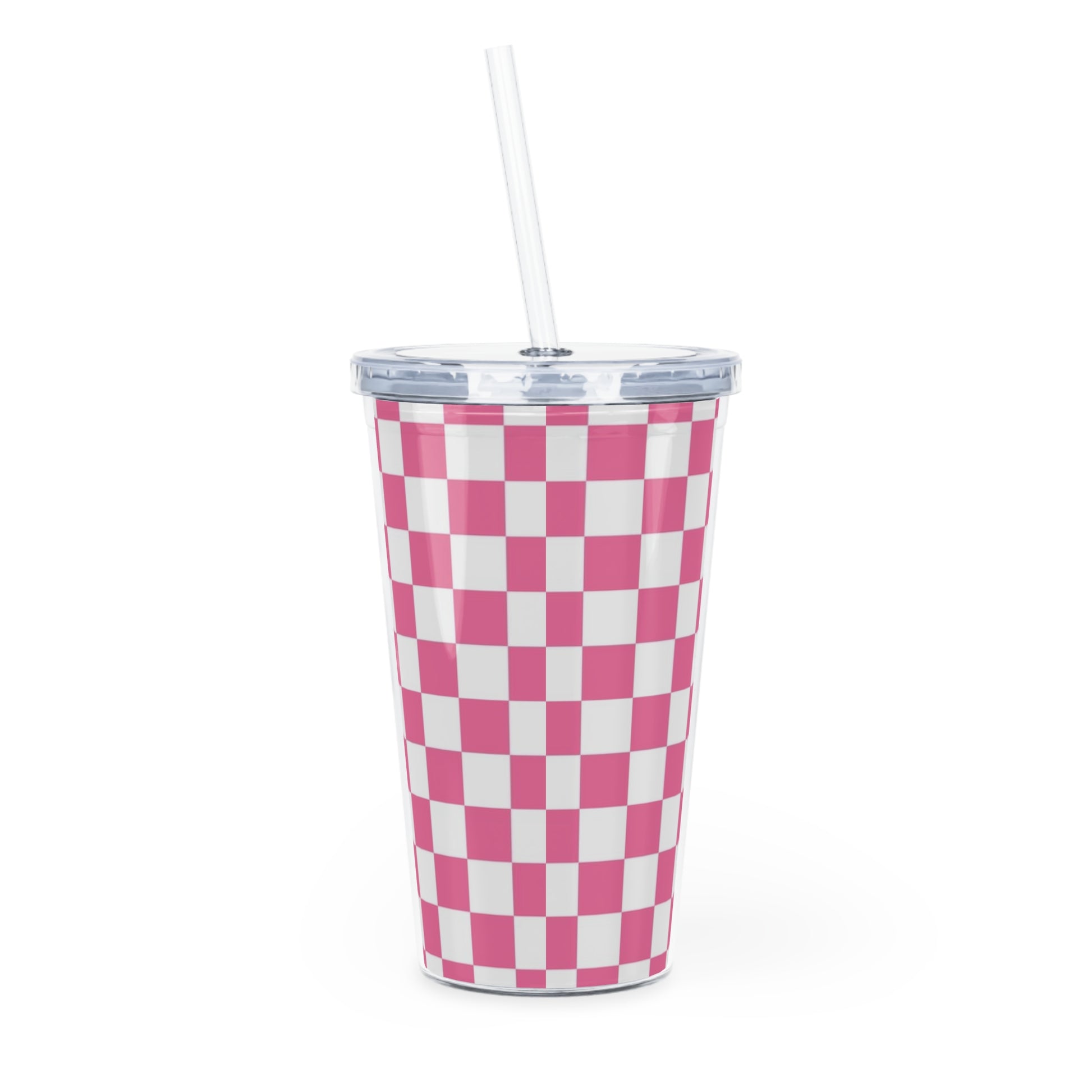 Yuyushiki Pink Check Plastic Tumbler with Straw, Artsulli - Art is Long, Life is Short, Mug, , , , , , , 
