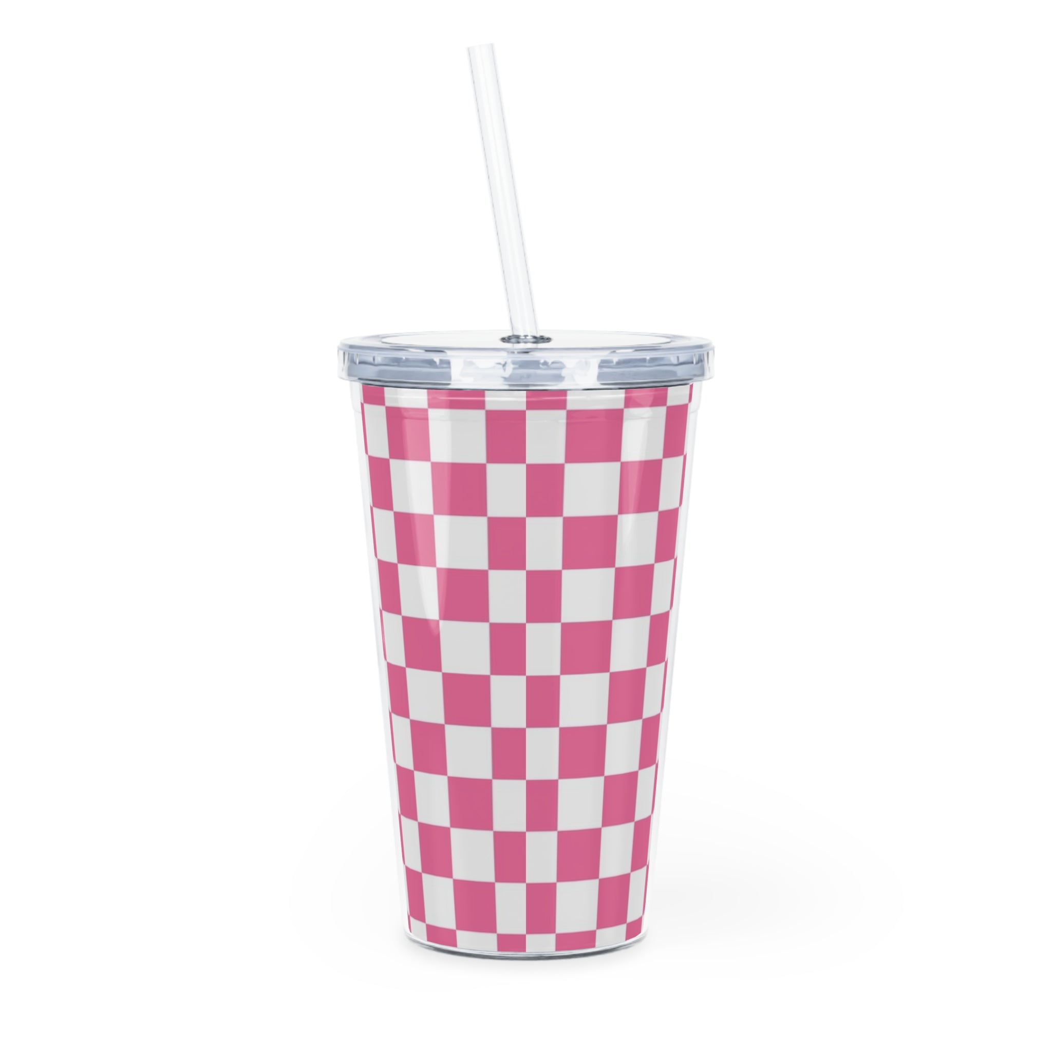 Yuyushiki Pink Check Plastic Tumbler with Straw, Artsulli - Art is Long, Life is Short, Mug, , , , , , , 