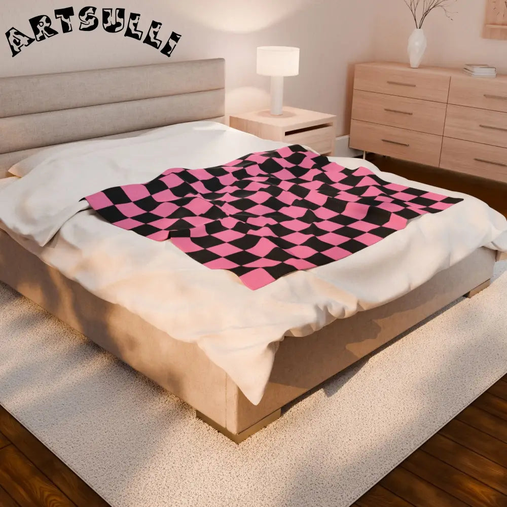JAKKOUTTHEBXX Checkerboard Black and Pink Velveteen Plush Blanket