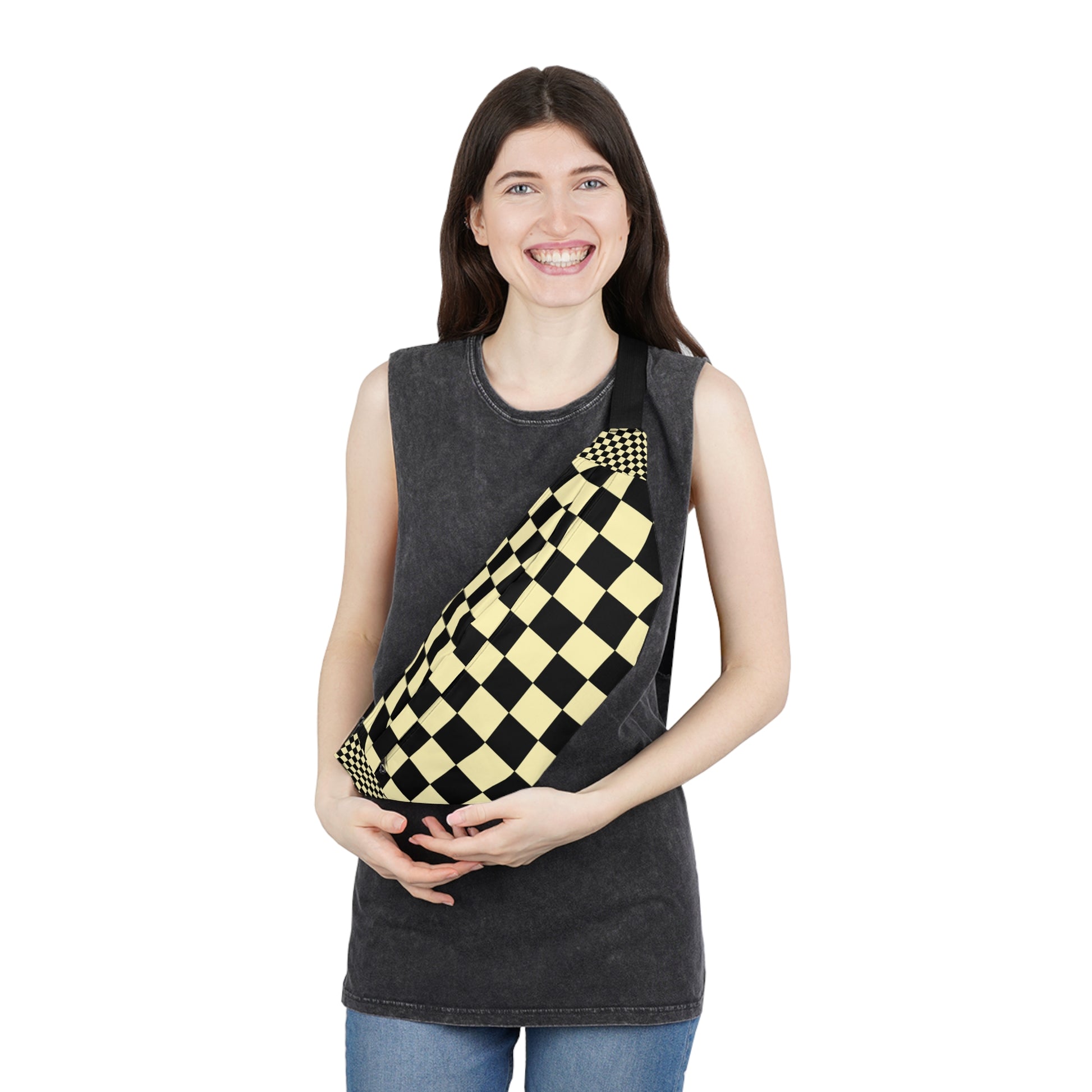 Checkerboard Black and Yellow Large Fanny Pack, Artsulli - Art is Long, Life is Short, Bags, , , , , , , 