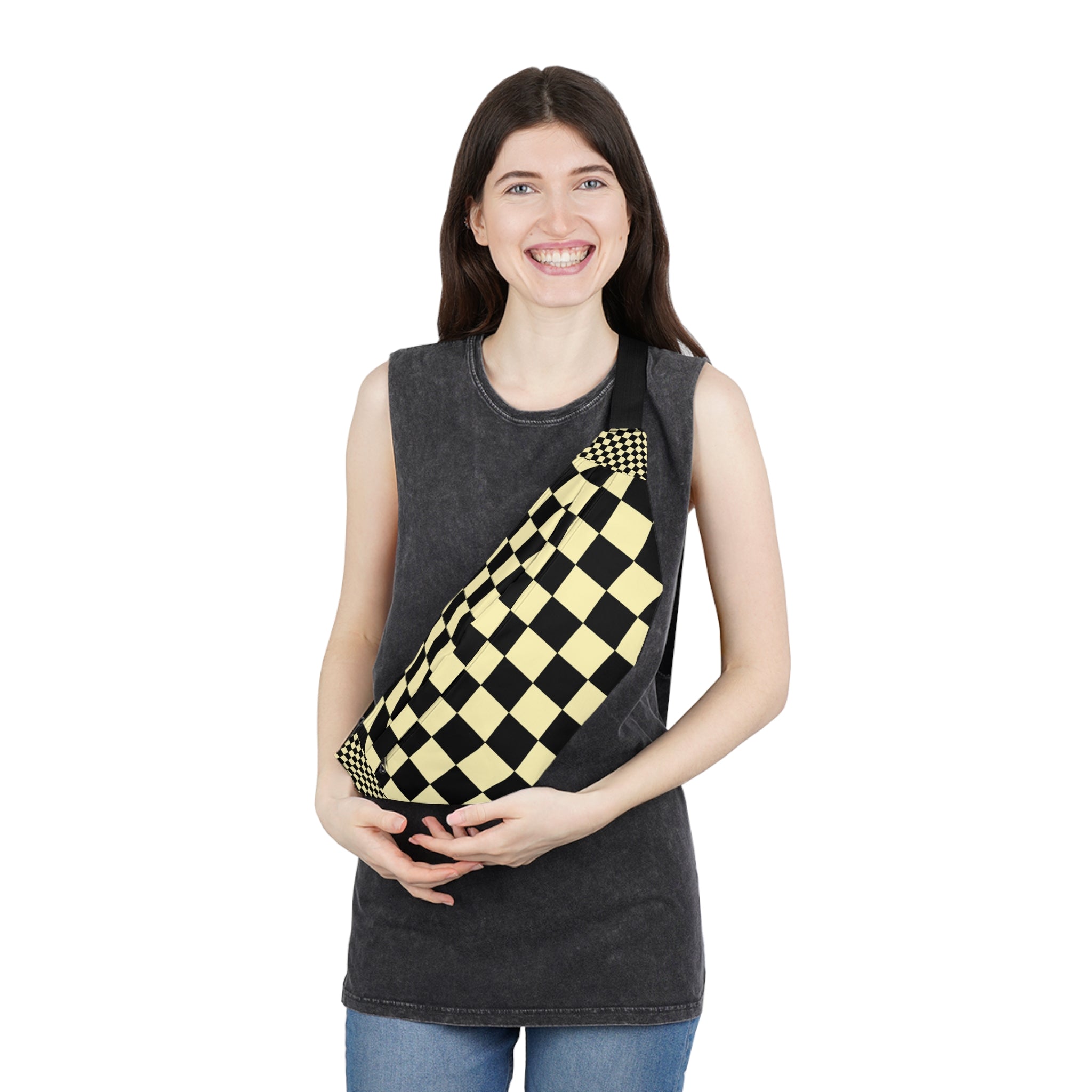 Checkerboard Black and Yellow Large Fanny Pack, Artsulli - Art is Long, Life is Short, Bags, , , , , , , 
