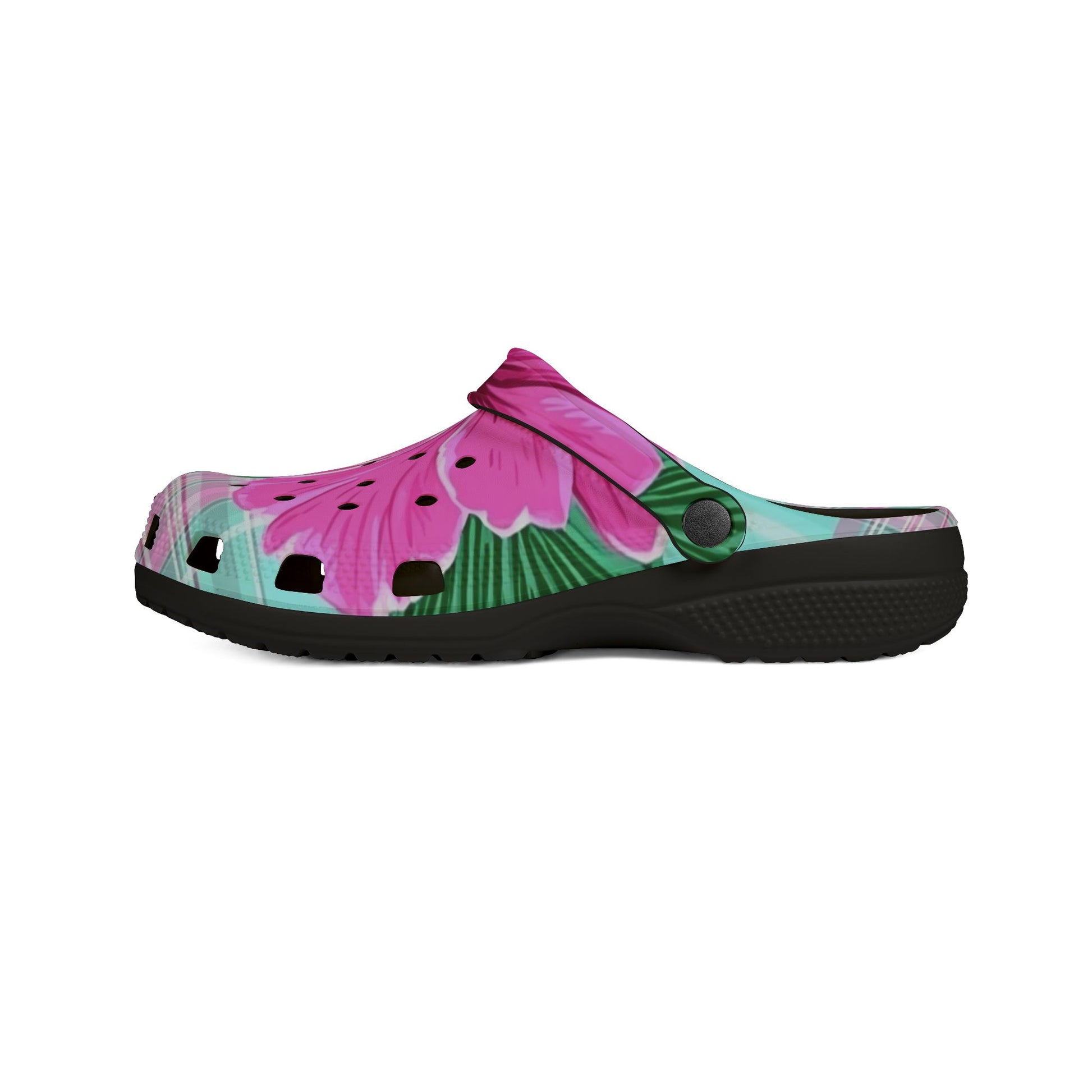 Plaid Hibiscus Pink and Yellow EVA Foam Rubber Shoes (AOP), Artsulli - Art is Long, Life is Short, Shoes, , , , , , , 