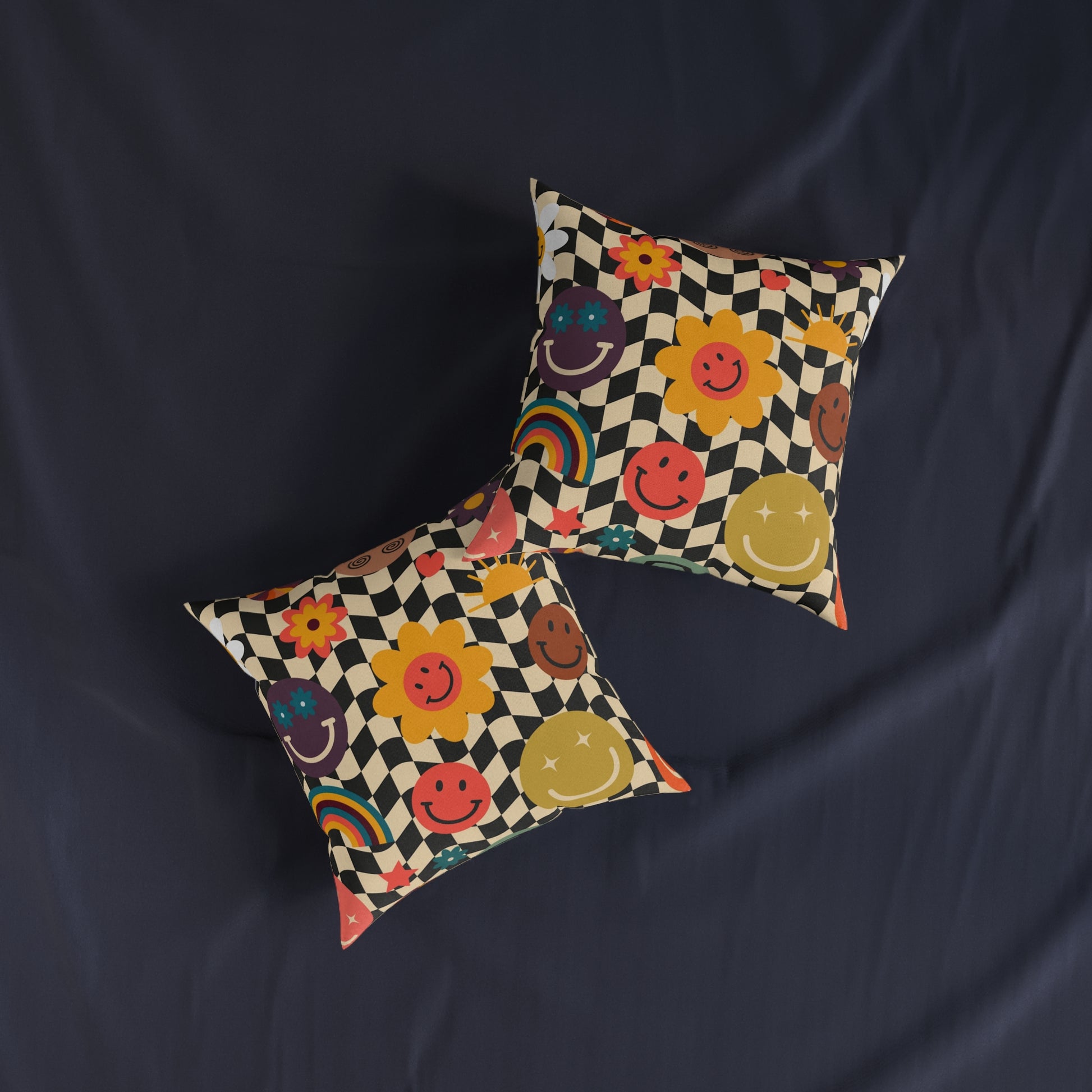 Trippy x Wavy Checkerboard x Smiley Face x Rainbow x Flowers Multi-Color Square Pillow, Artsulli - Art is Long, Life is Short, Home Decor, , , , , , , 