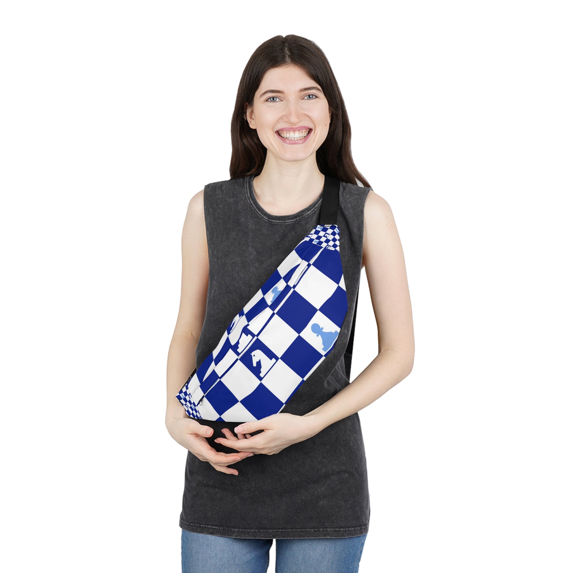 Chessboard Navy Blue Large Fanny Pack, Artsulli - Art is Long, Life is Short, Bags, , , , , , , 