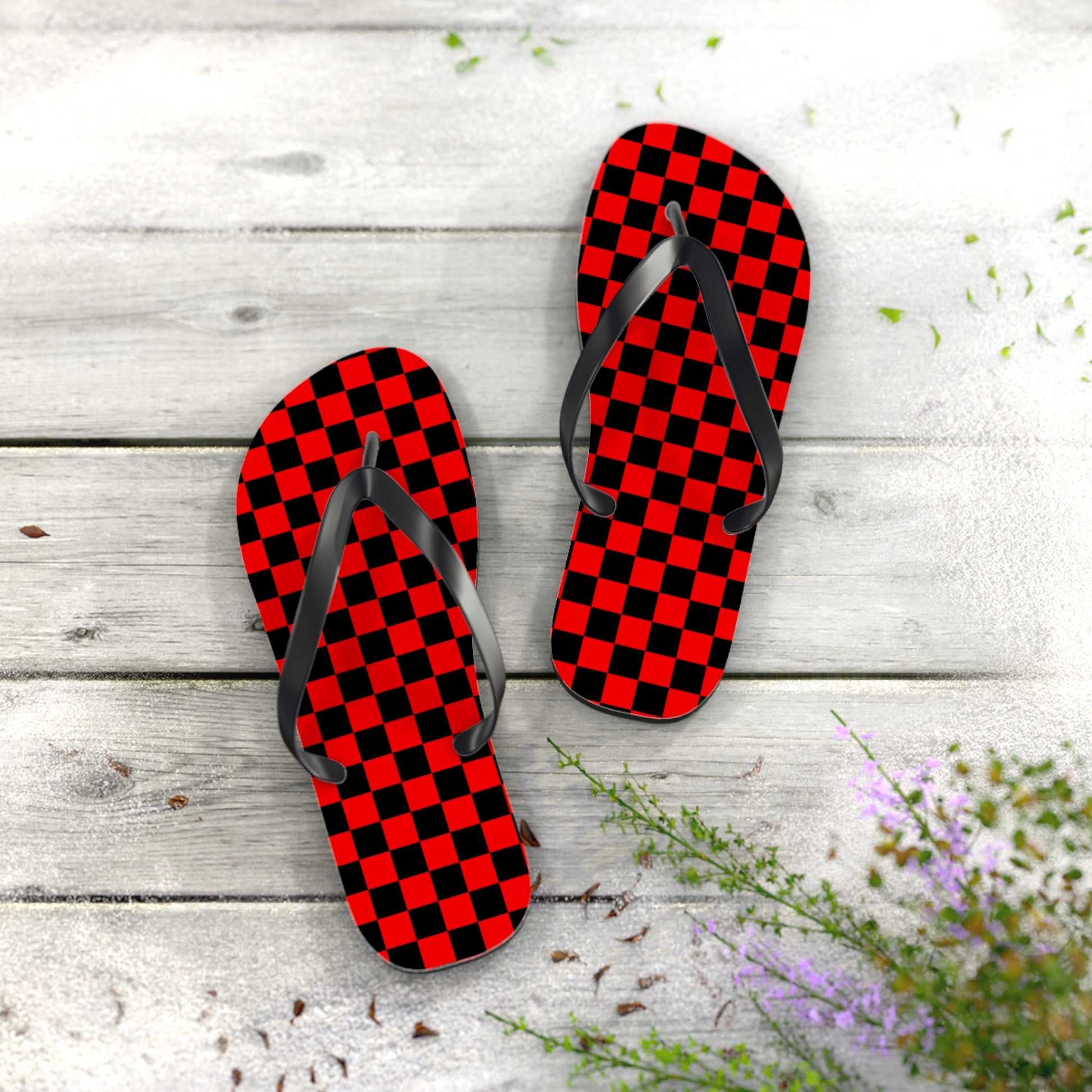 Checkerboard Red and Black Flip Flops, Artsulli - Art is Long, Life is Short, Shoes, , , , , , , 