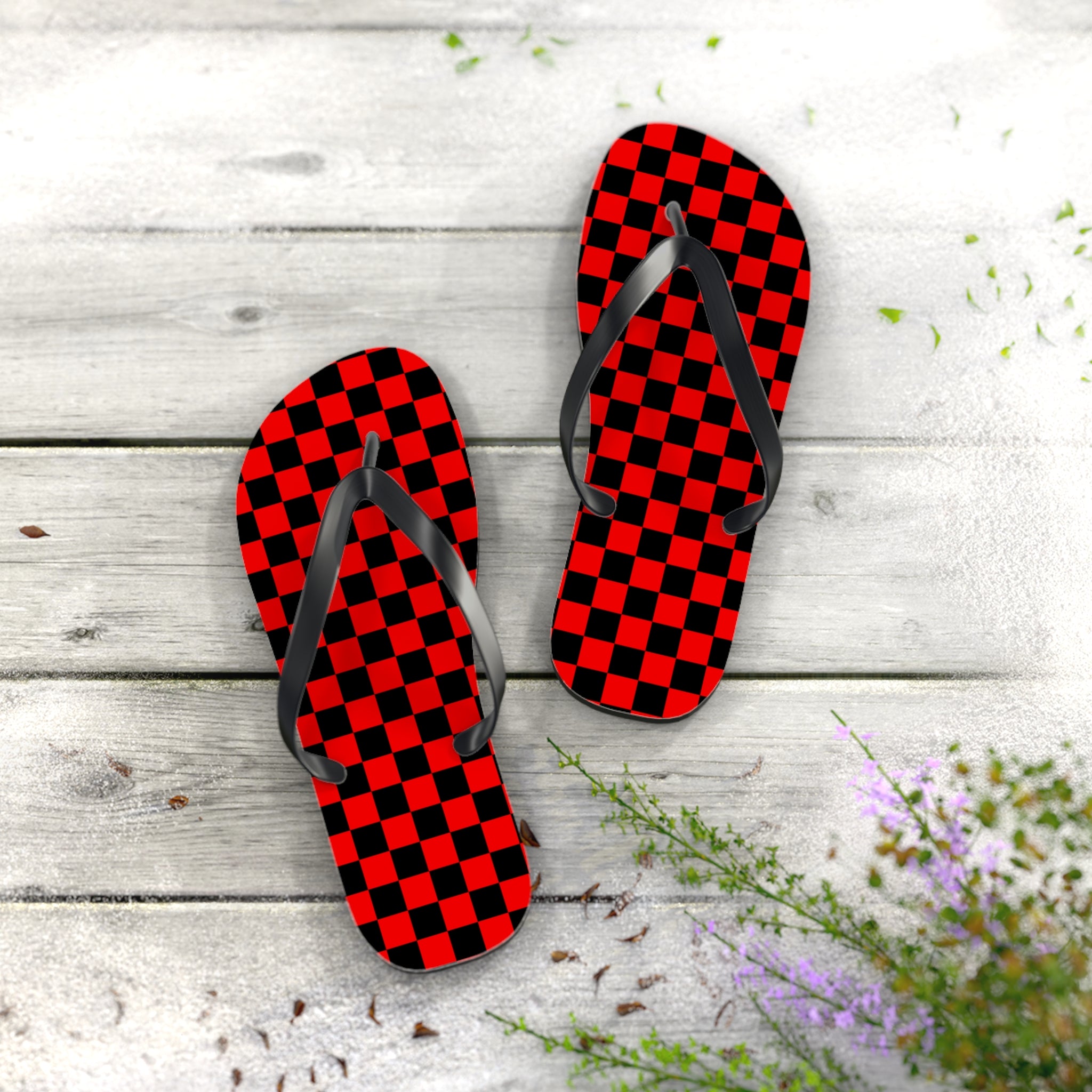 Checkerboard Red and Black Flip Flops, Artsulli - Art is Long, Life is Short, Shoes, , , , , , , 