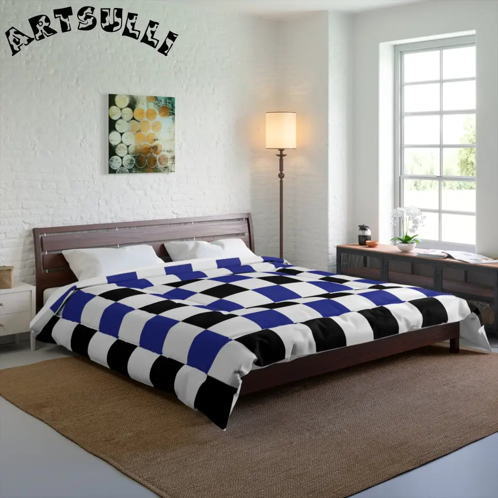 JAKKOUTTHEBXX Checkerboard Blue White and Black Comforter