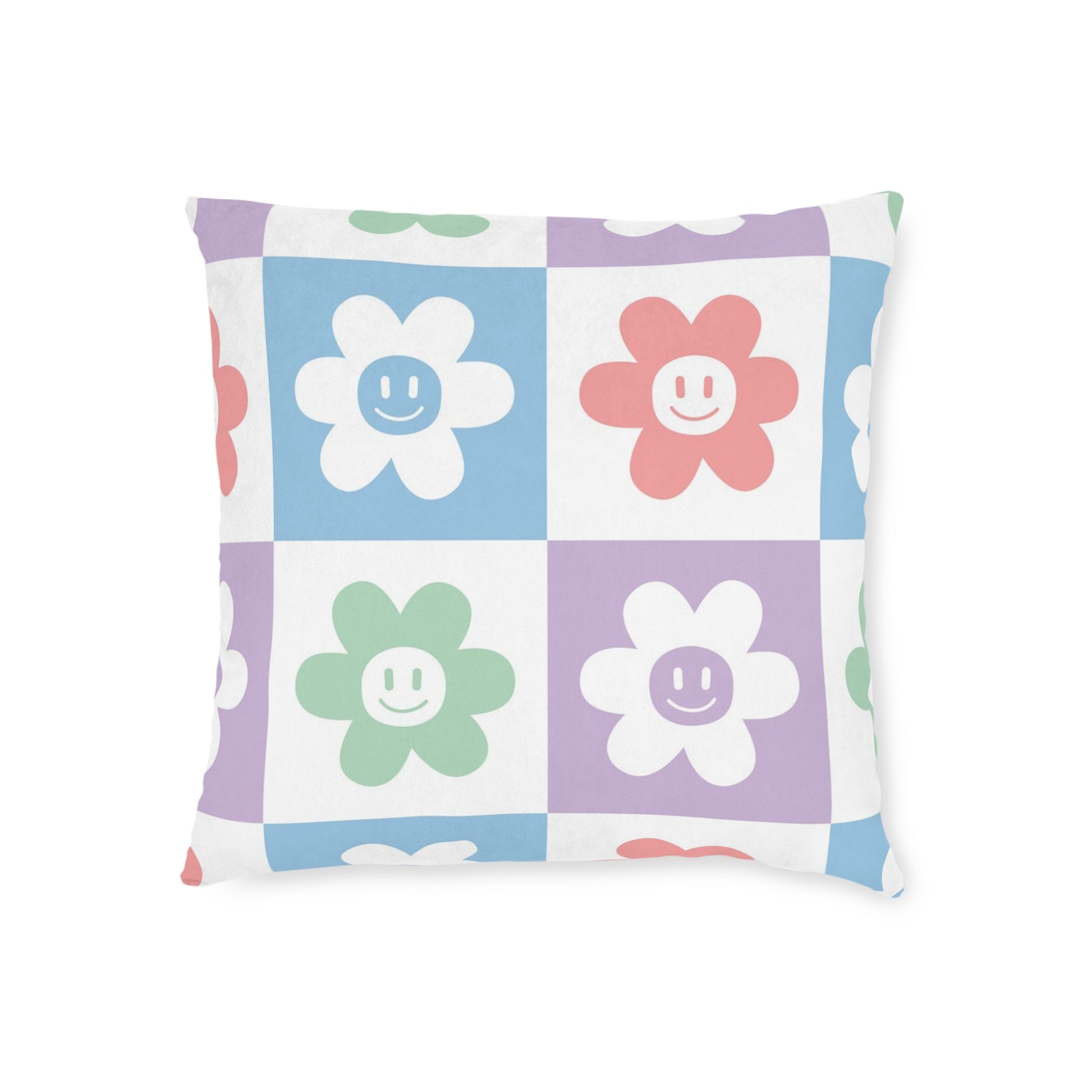 Chessboard x Smiley Face Flowers Multi-Color Square Pillow, Artsulli - Art is Long, Life is Short, Home Decor, , , , , , , 