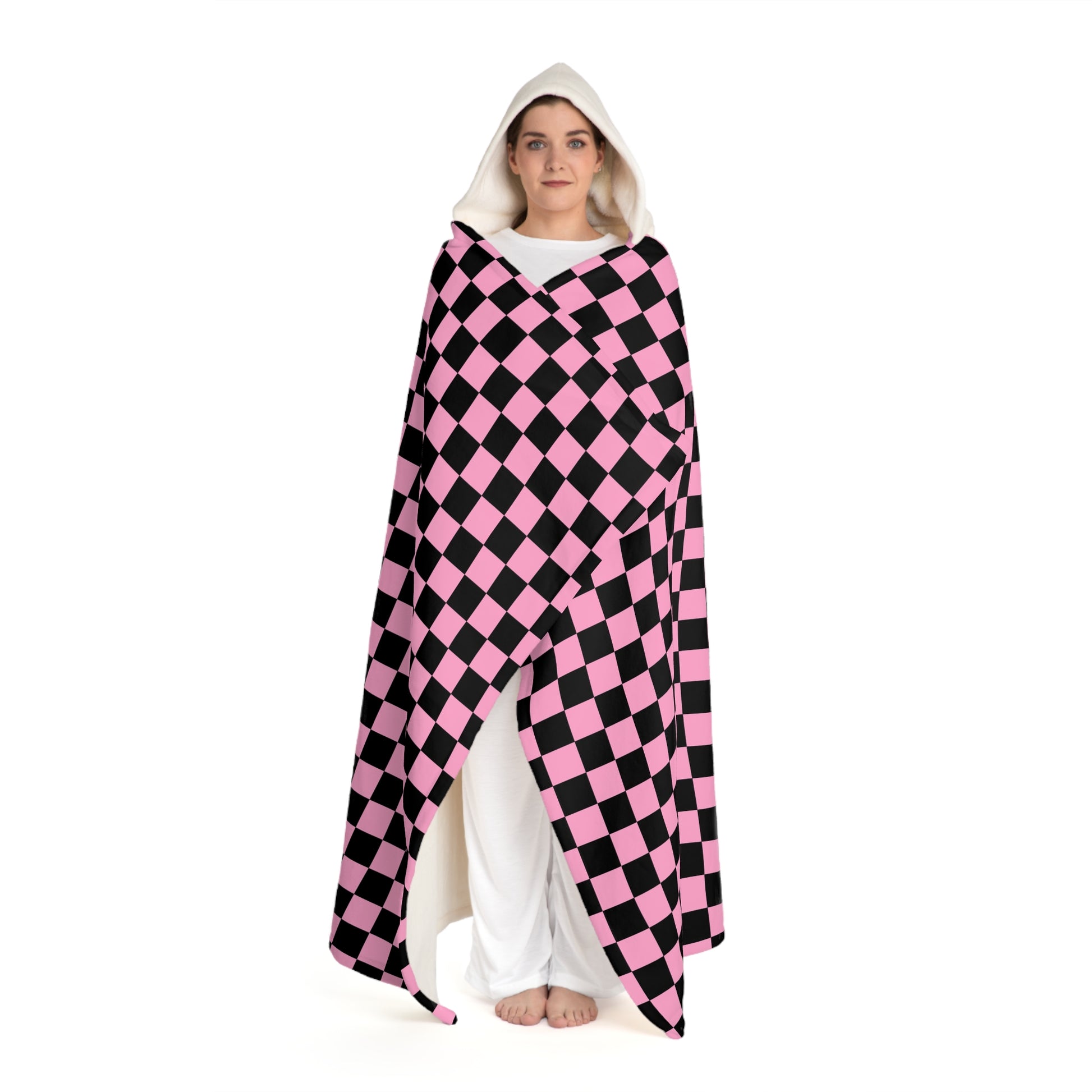 Checkerboard II Black and Pink Hooded Sherpa Fleece Blanket, Artsulli - Art is Long, Life is Short, All Over Prints, , , , , , , 