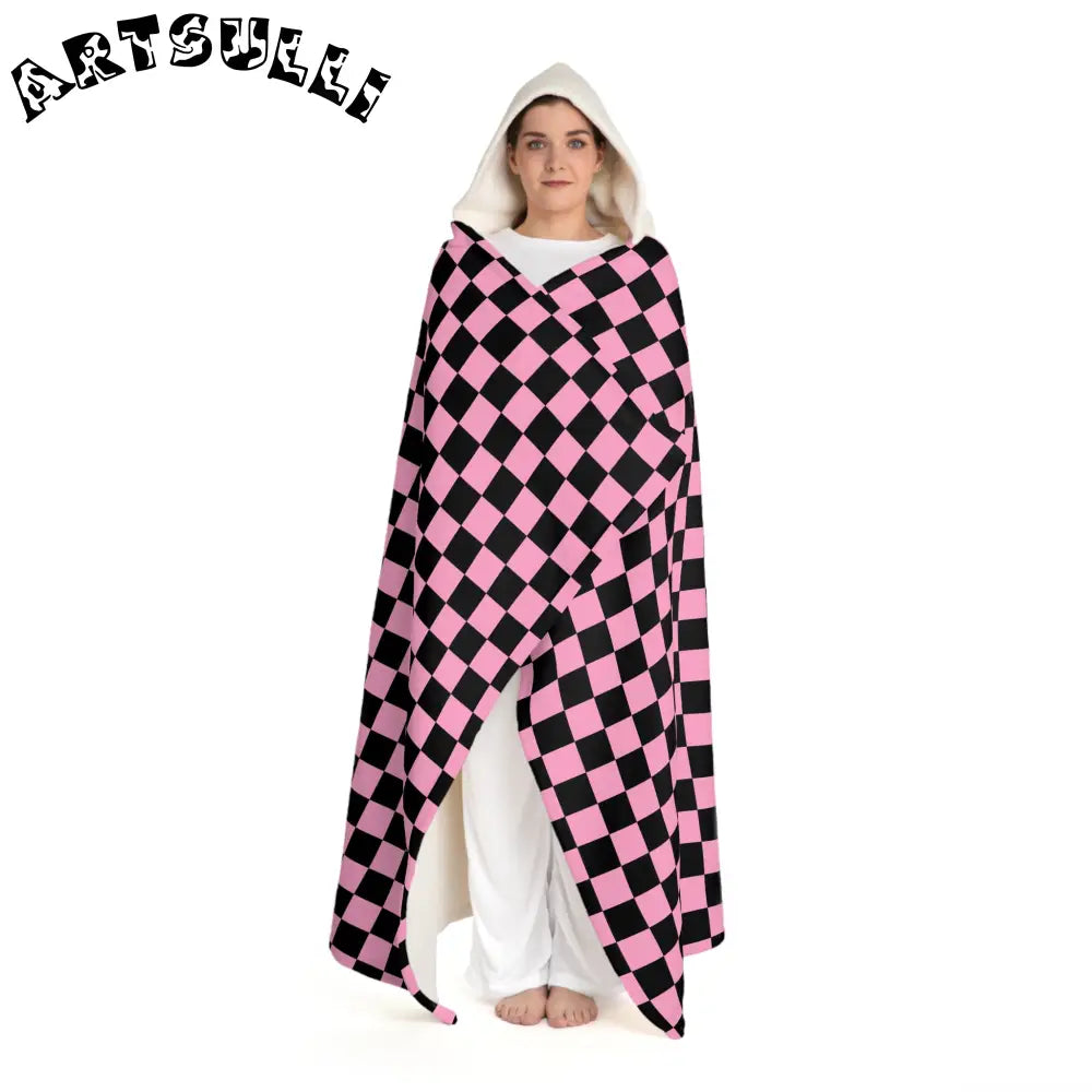 JAKKOUTTHEBXX Checkerboard II Black and Pink Hooded Sherpa Fleece