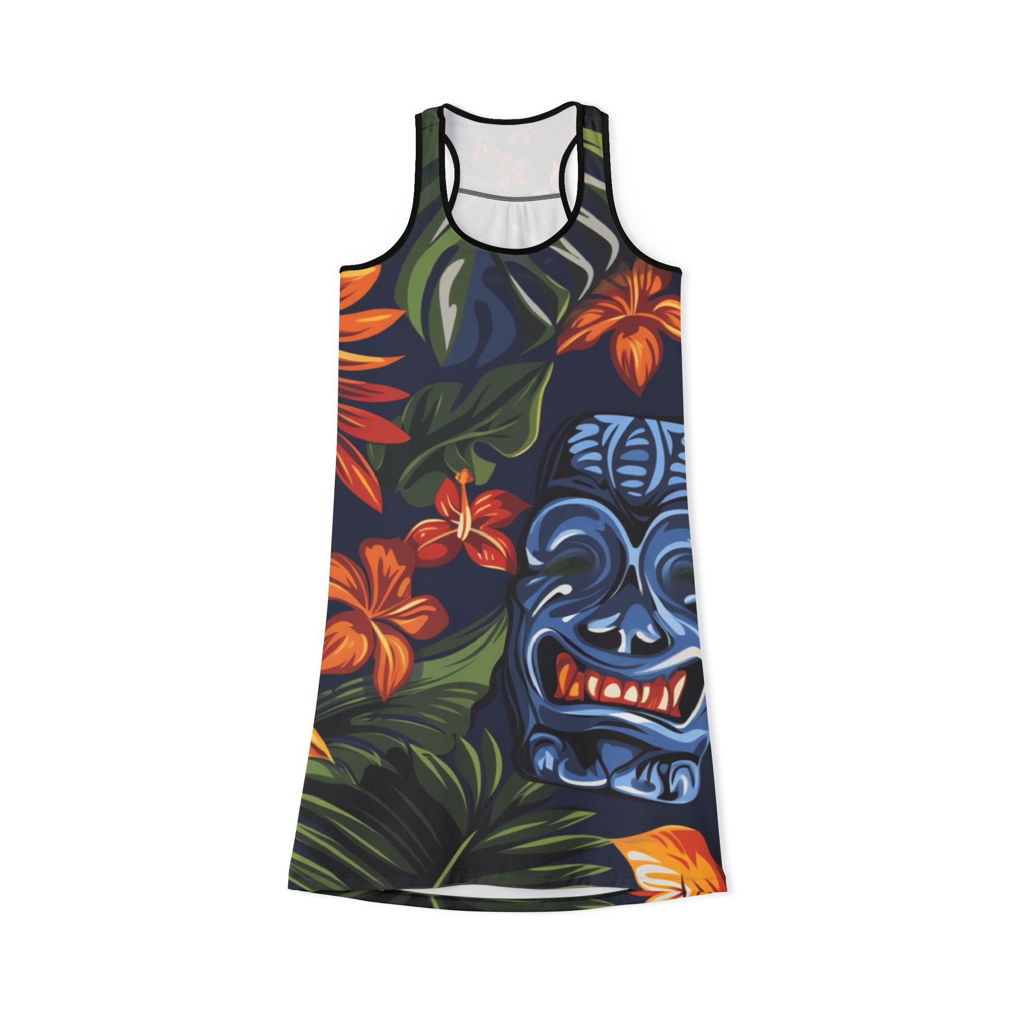 Tiki Bloom Navy Women's Racerback Dress (AOP), Artsulli - Art is Long, Life is Short, Tank Top, Size, XS, Color, Black, , , 16661286764394180812