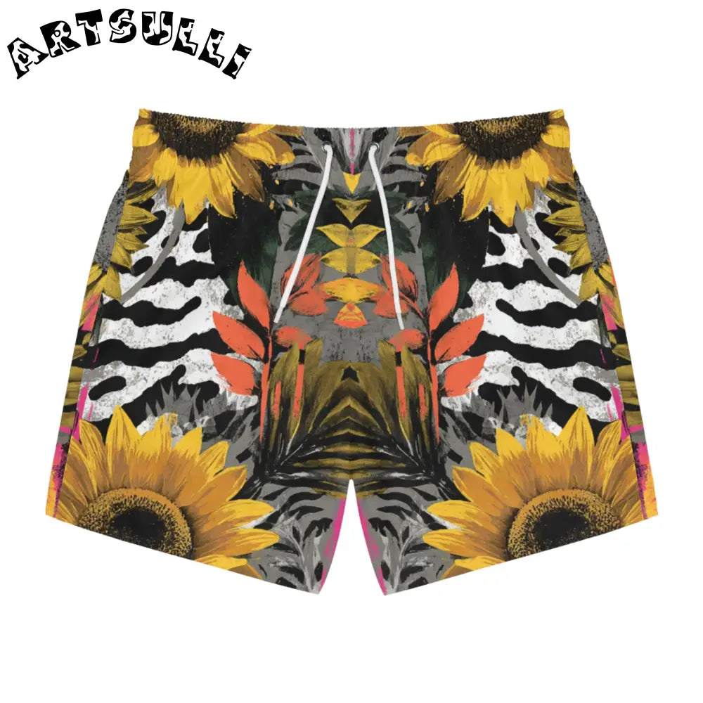 Zebra Stripes x Sunflowers Multi-Color Swim Trunks (AOP), Artsulli - Art is Long, Life is Short, All Over Prints, Size, XS, Color, Seam thread color automatically matched to design, , , 30133422276183515867