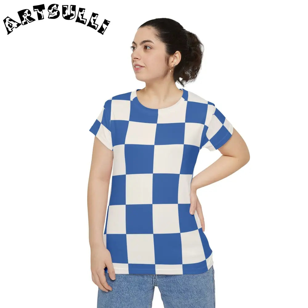 JAKKOUTTHEBXX Checkerboard Blue Women’s Short Sleeve Shirt (AOP)