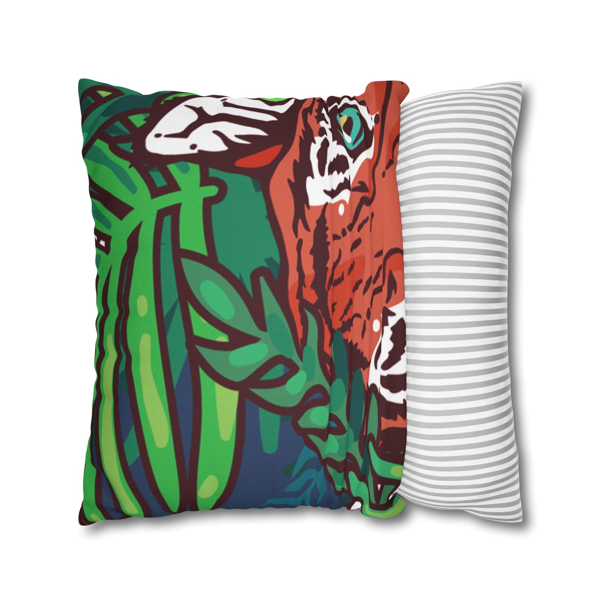 Tropical Jungle Tigers Blue and Green Spun Polyester Square Pillowcase, Artsulli - Art is Long, Life is Short, Home Decor, , , , , , , 