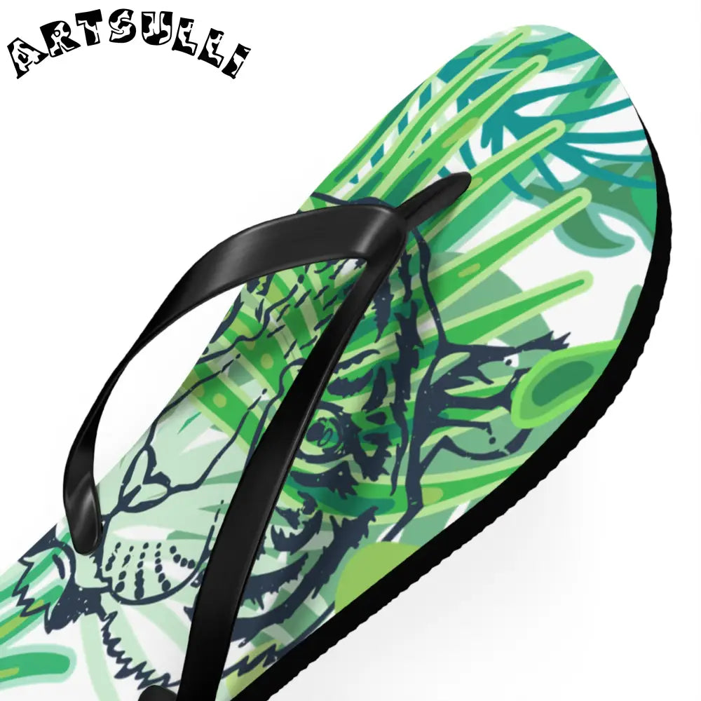 JAKKOUTTHEBXX Tropical Jungle Tigers Green Flip Flops JAKKOUTTHEBXX
