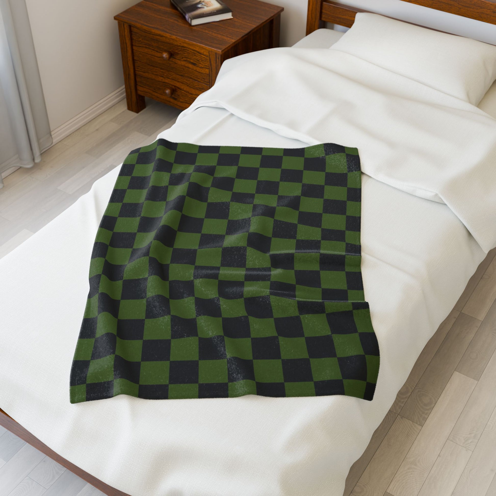 Checkerboard Olive Green and Black Velveteen Plush Blanket, Artsulli - Art is Long, Life is Short, All Over Prints, , , , , , , 