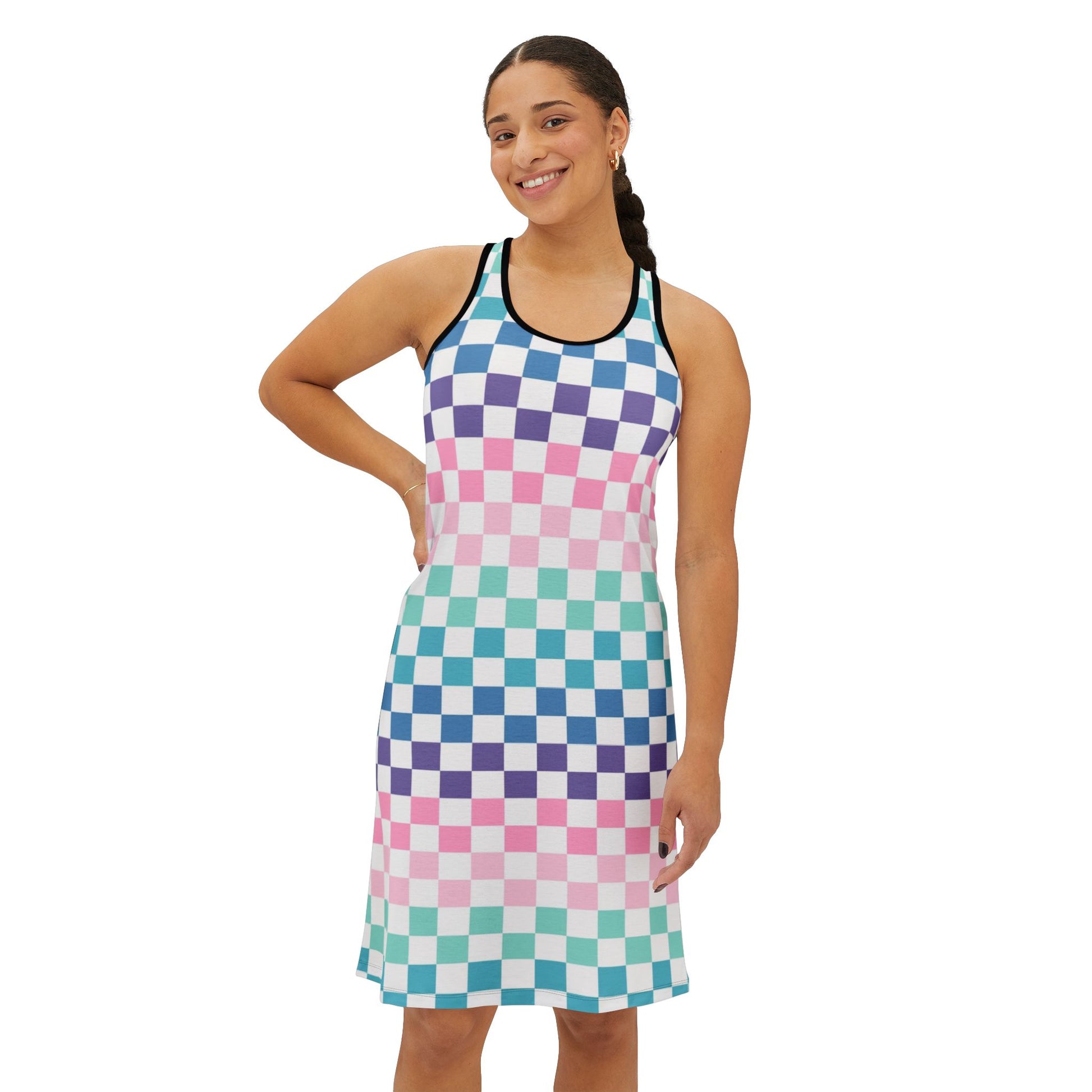 Vaporwave Rainbow  Checkerboard Multi-Color Women's Racerback Dress (AOP), Artsulli - Art is Long, Life is Short, Tank Top, , , , , , , 