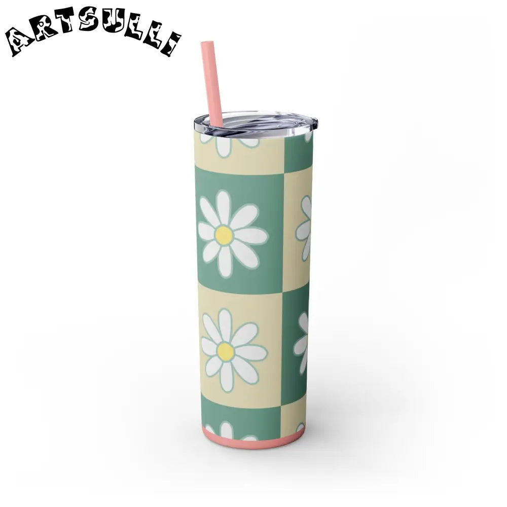 JAKKOUTTHEBXX Retro Daisy Checkerboard Green and Tan Skinny Tumbler